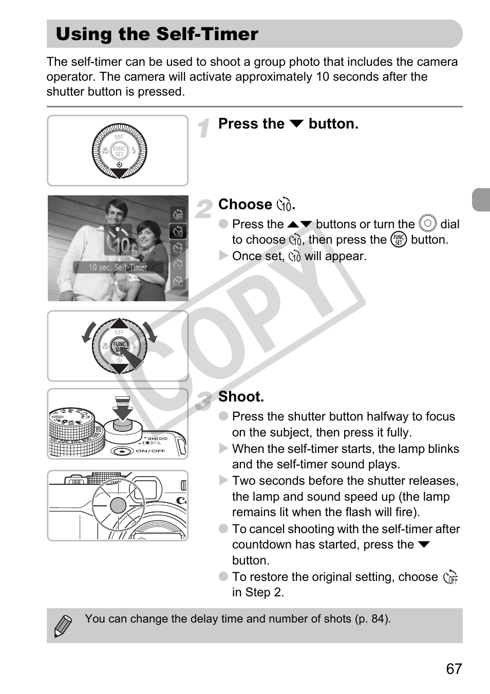 Using the self-timer, Pp. 67, 68), Er (pp. 67 | Self-timer (pp. 67, 68, Co py | Canon PowerShot G11 User Manual | Page 67 / 196