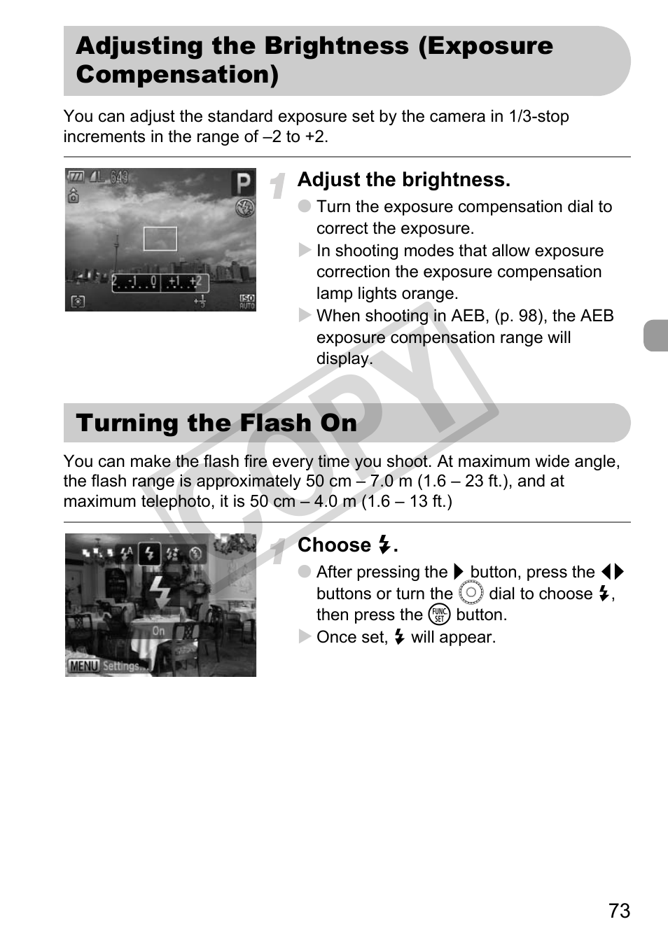 P. 73), Ensation dial (p. 73), P. 73) / exposu | On (p. 73) va, P. 73, Co py | Canon PowerShot G11 User Manual | Page 73 / 196