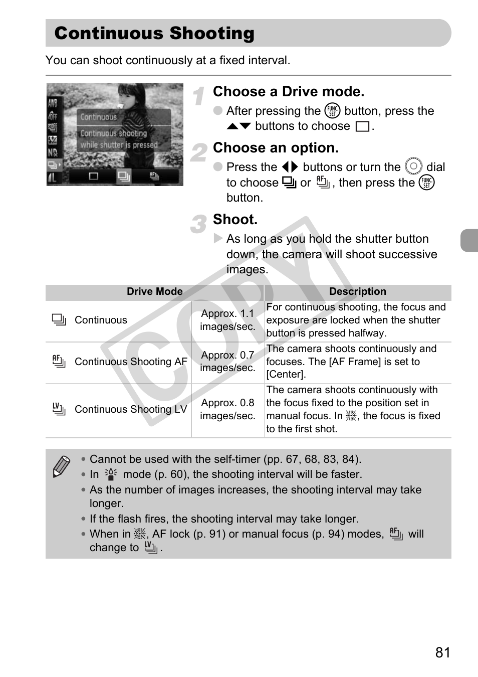 Continuous shooting, Drive mode (p. 81), P. 81) | Co py | Canon PowerShot G11 User Manual | Page 81 / 196