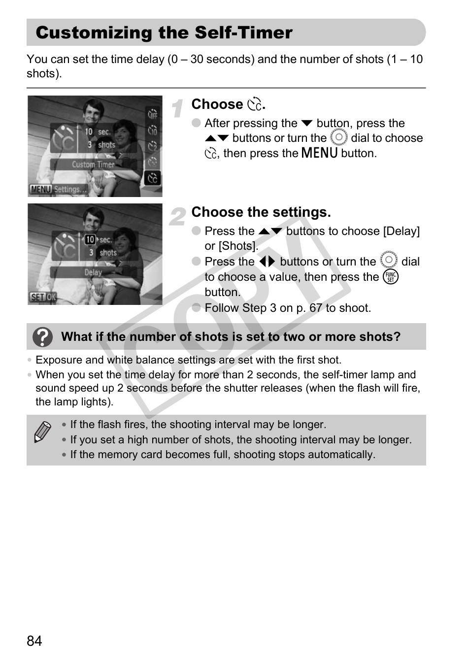 Customizing the self-timer, Co py | Canon PowerShot G11 User Manual | Page 84 / 196