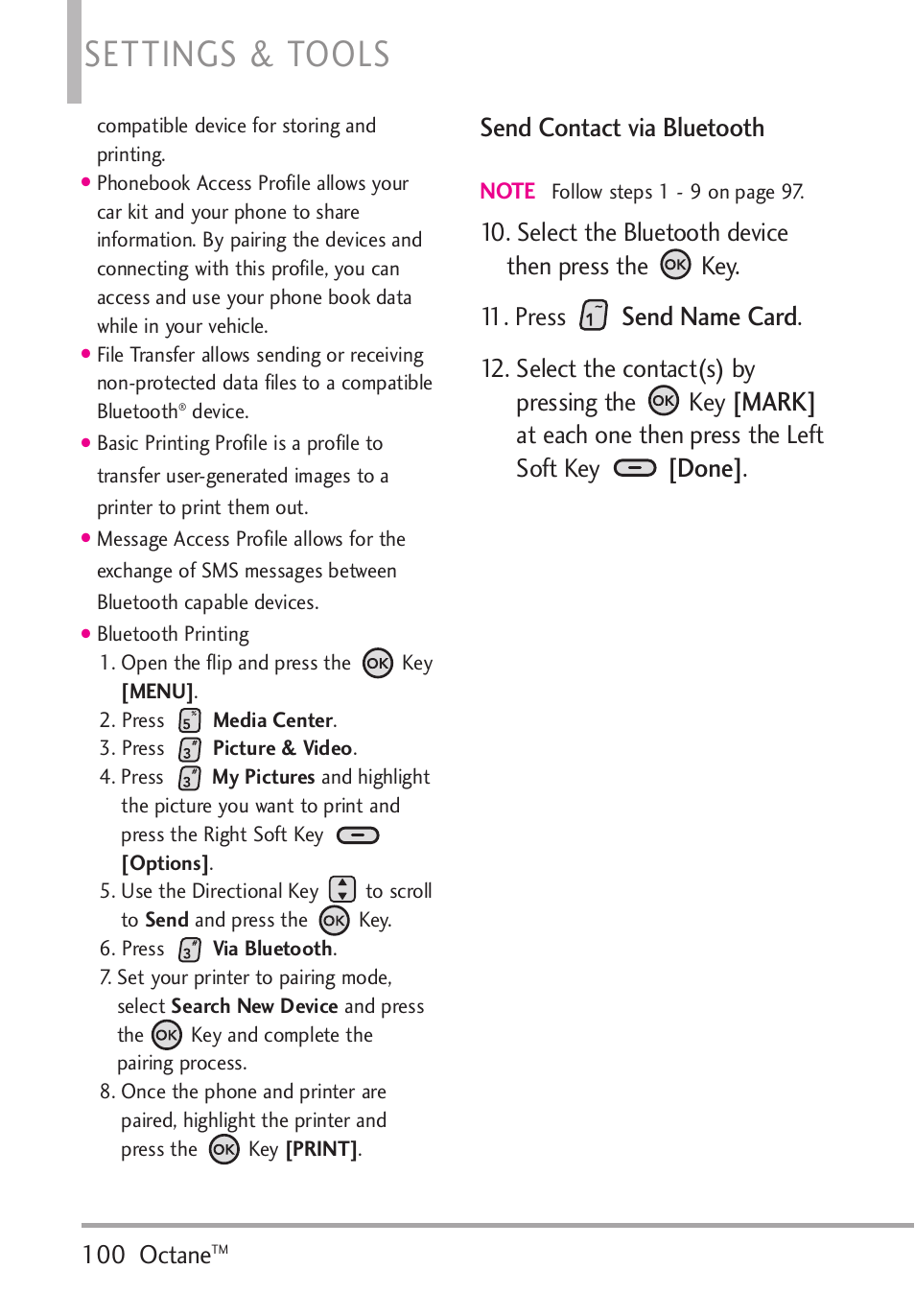 Settings & tools, Send contact via bluetooth, Send name card | Mark, Done, 100 octane, Select the contact(s) by pressing the key, At each one then press the left soft key | LG Octane VN530 User Manual | Page 102 / 166