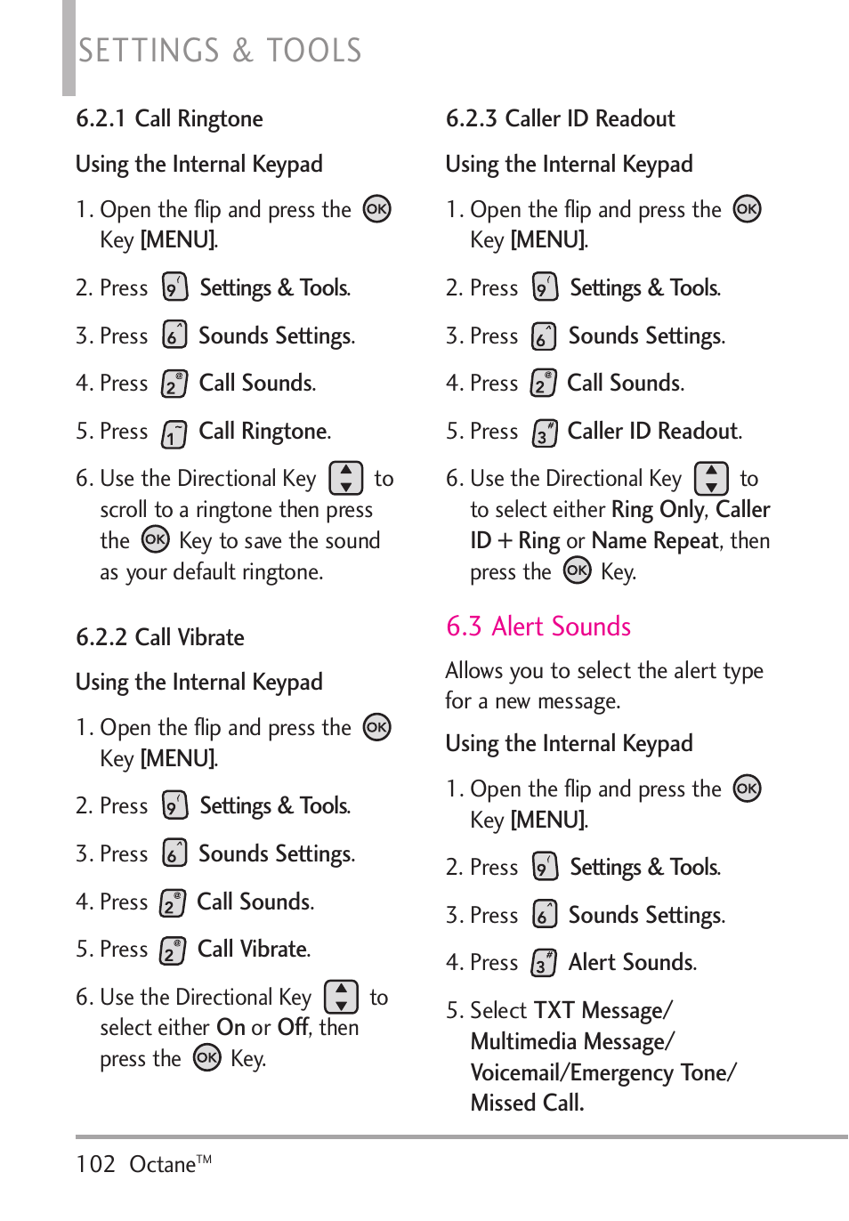 1 call ringtone, 2 call vibrate, 3 caller id readout | 3 alert sounds, Settings & tools | LG Octane VN530 User Manual | Page 104 / 166