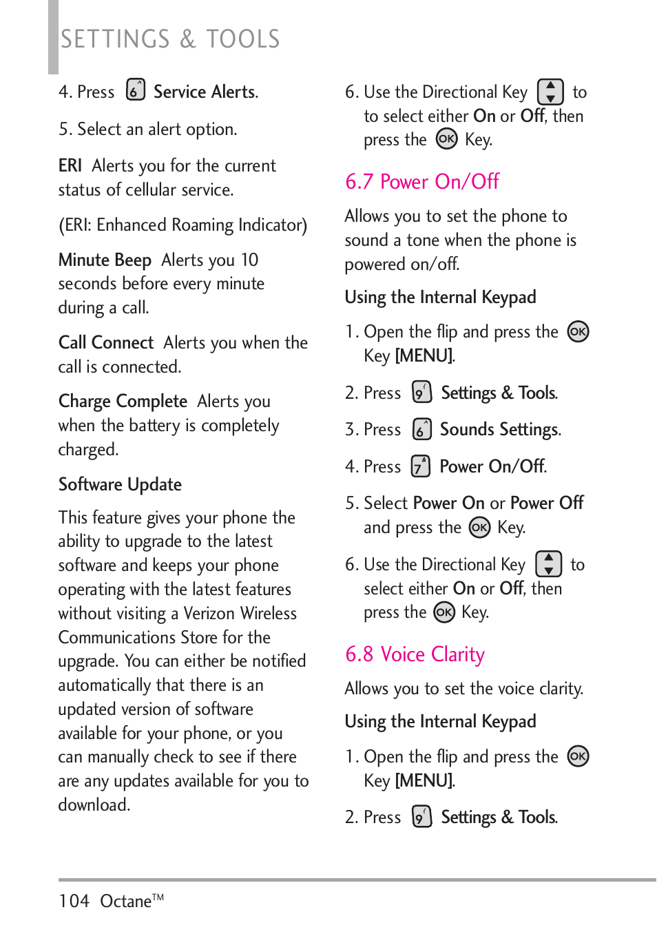 7 power on/off, 8 voice clarity, Settings & tools | LG Octane VN530 User Manual | Page 106 / 166