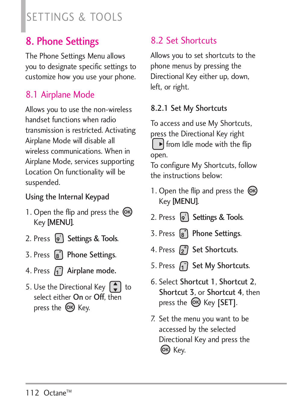 Phone settings, 1 airplane mode, 2 set shortcuts | 1 set my shortcuts, Settings & tools | LG Octane VN530 User Manual | Page 114 / 166