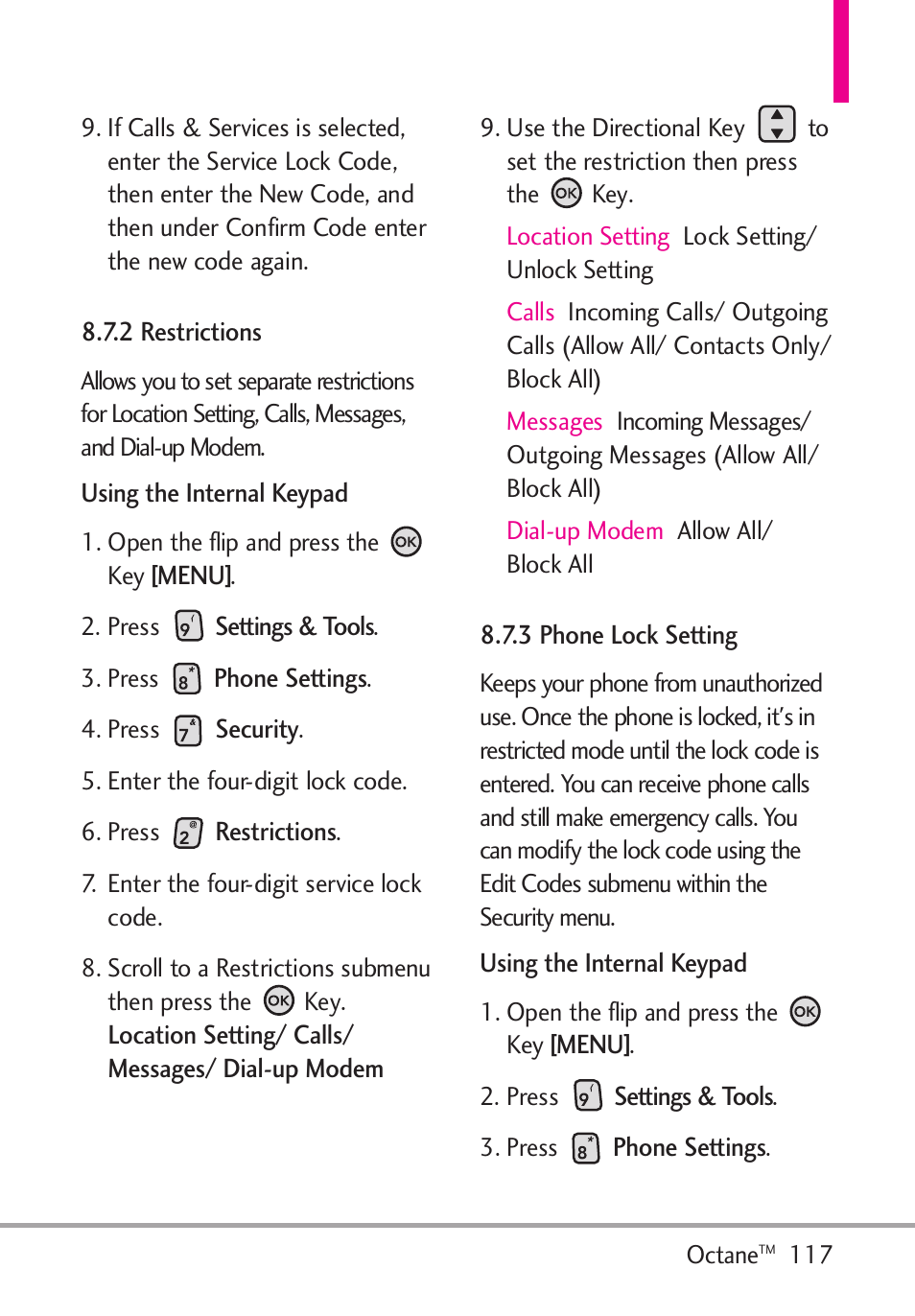 2 restrictions, 3 phone lock setting, 2 restrictions 8.7.3 phone lock setting | LG Octane VN530 User Manual | Page 119 / 166