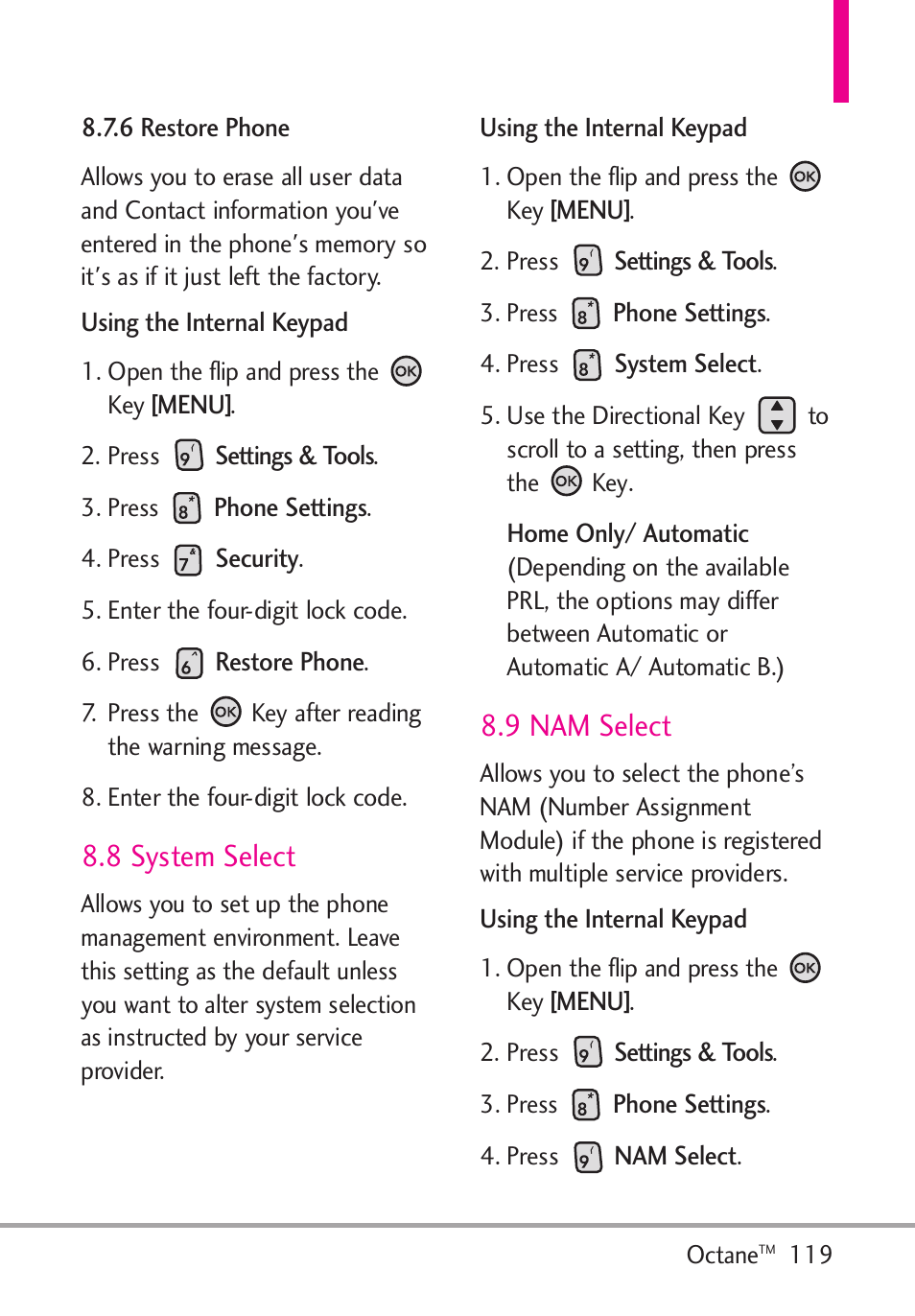 6 restore phone, 8 system select, 9 nam select | LG Octane VN530 User Manual | Page 121 / 166