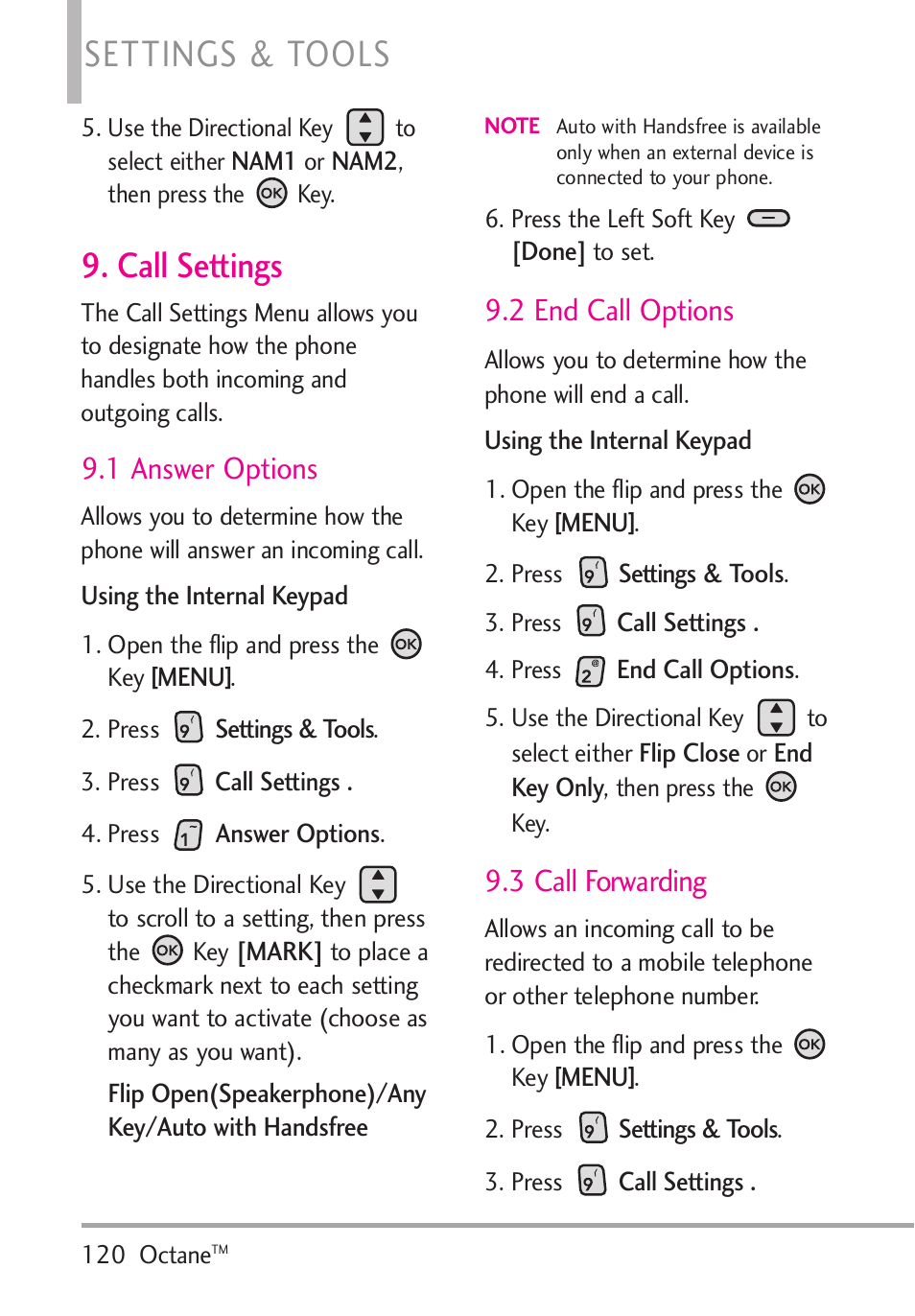 Call settings, 1 answer options, 2 end call options | 3 call forwarding, Settings & tools | LG Octane VN530 User Manual | Page 122 / 166