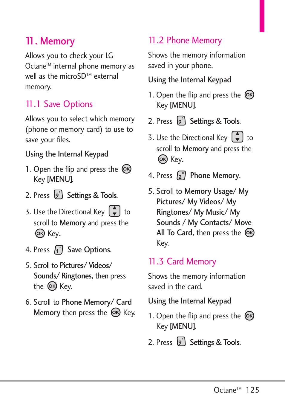 Memory, 1 save options, 2 phone memory | 3 card memory | LG Octane VN530 User Manual | Page 127 / 166