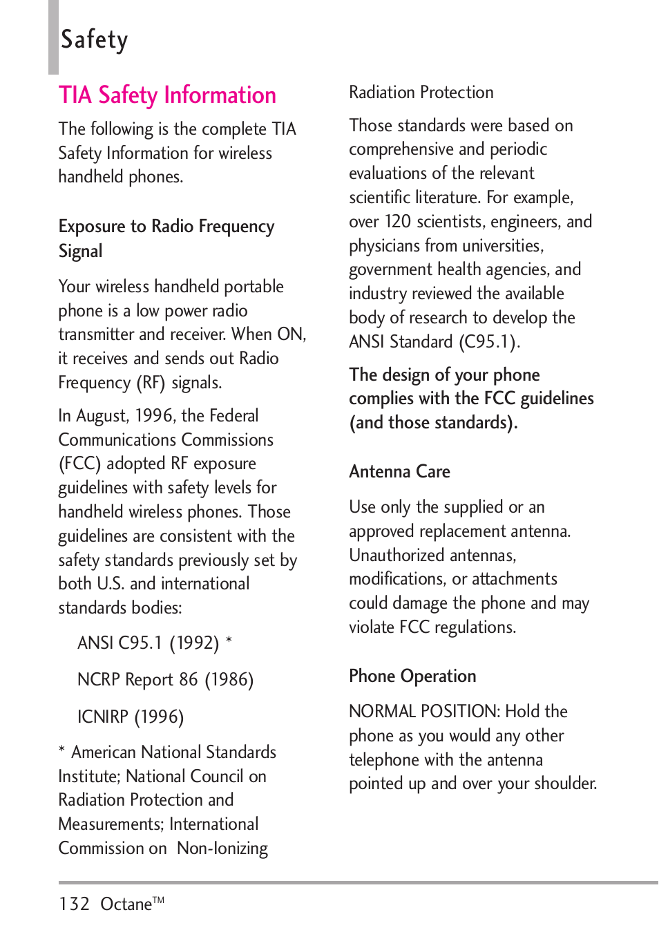 Safety, Tia safety information, Exposure to radio frequency | Antenna care, Phone operation | LG Octane VN530 User Manual | Page 134 / 166