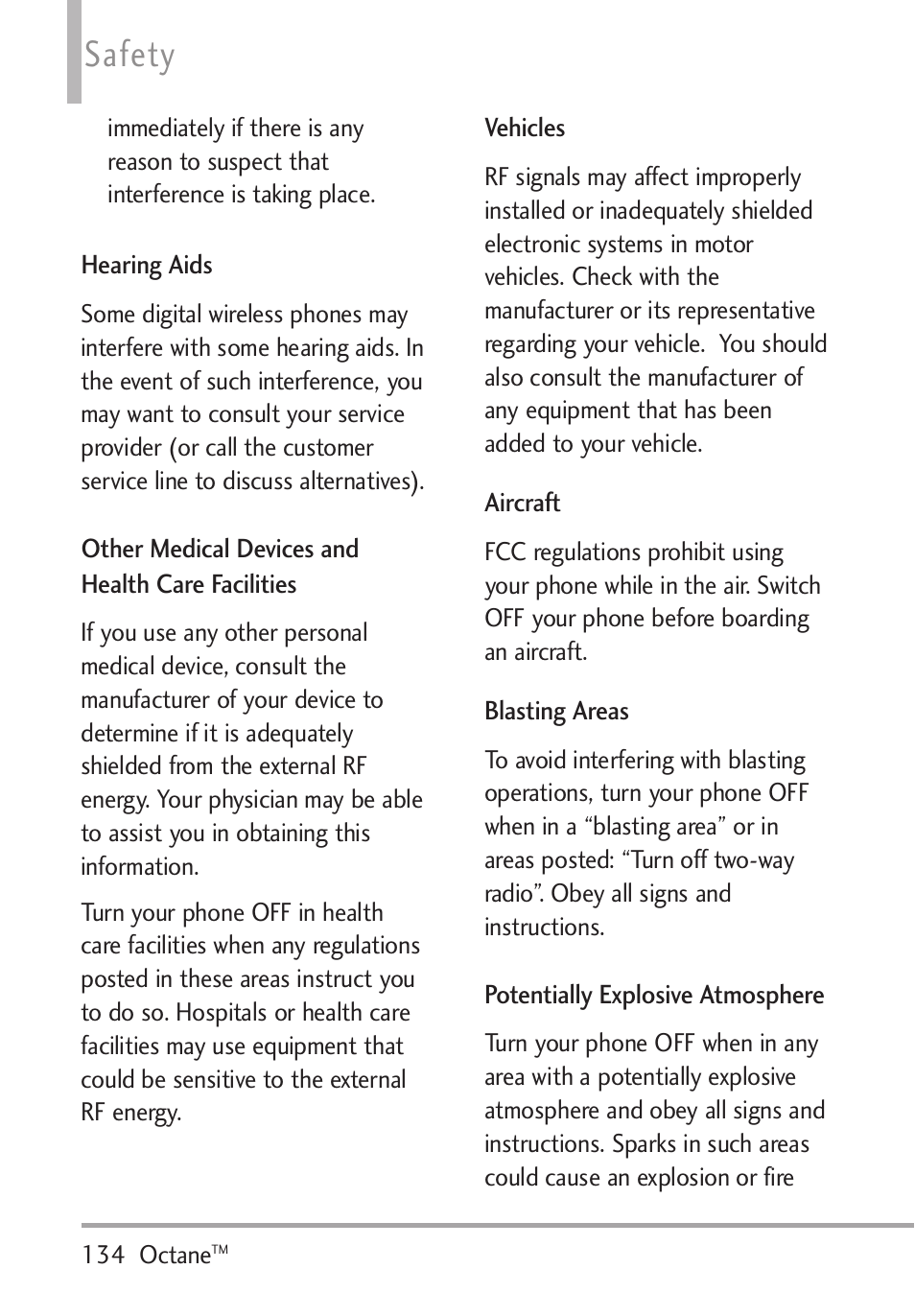 Hearing aids, Other medical devices and h, Vehicles | Aircraft, Blasting areas, Potentially explosive atmosp, Safety | LG Octane VN530 User Manual | Page 136 / 166