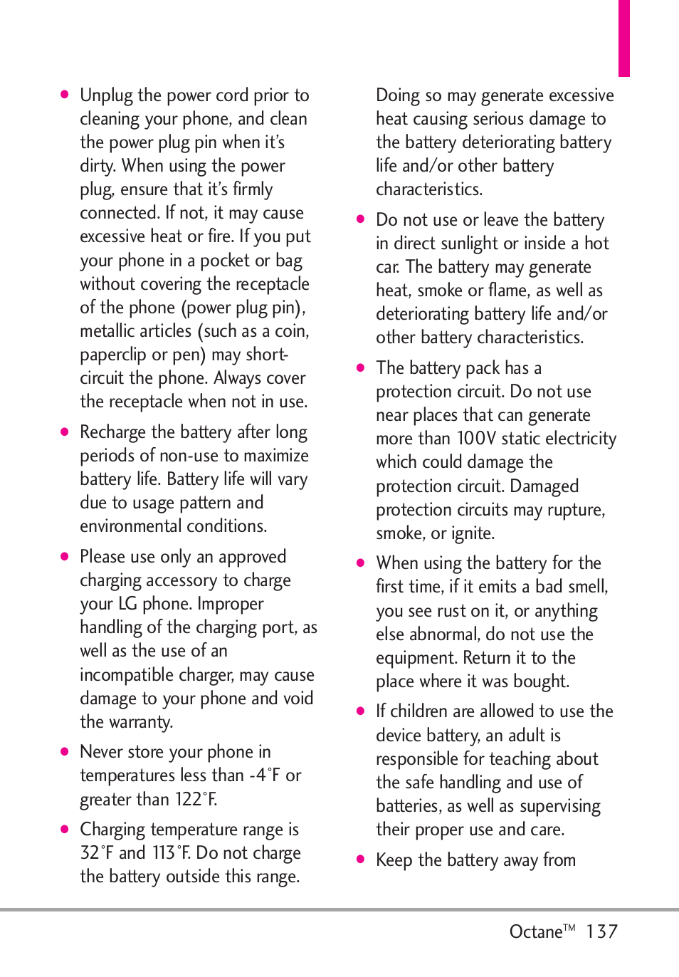 Octane, Keep the battery away from | LG Octane VN530 User Manual | Page 139 / 166