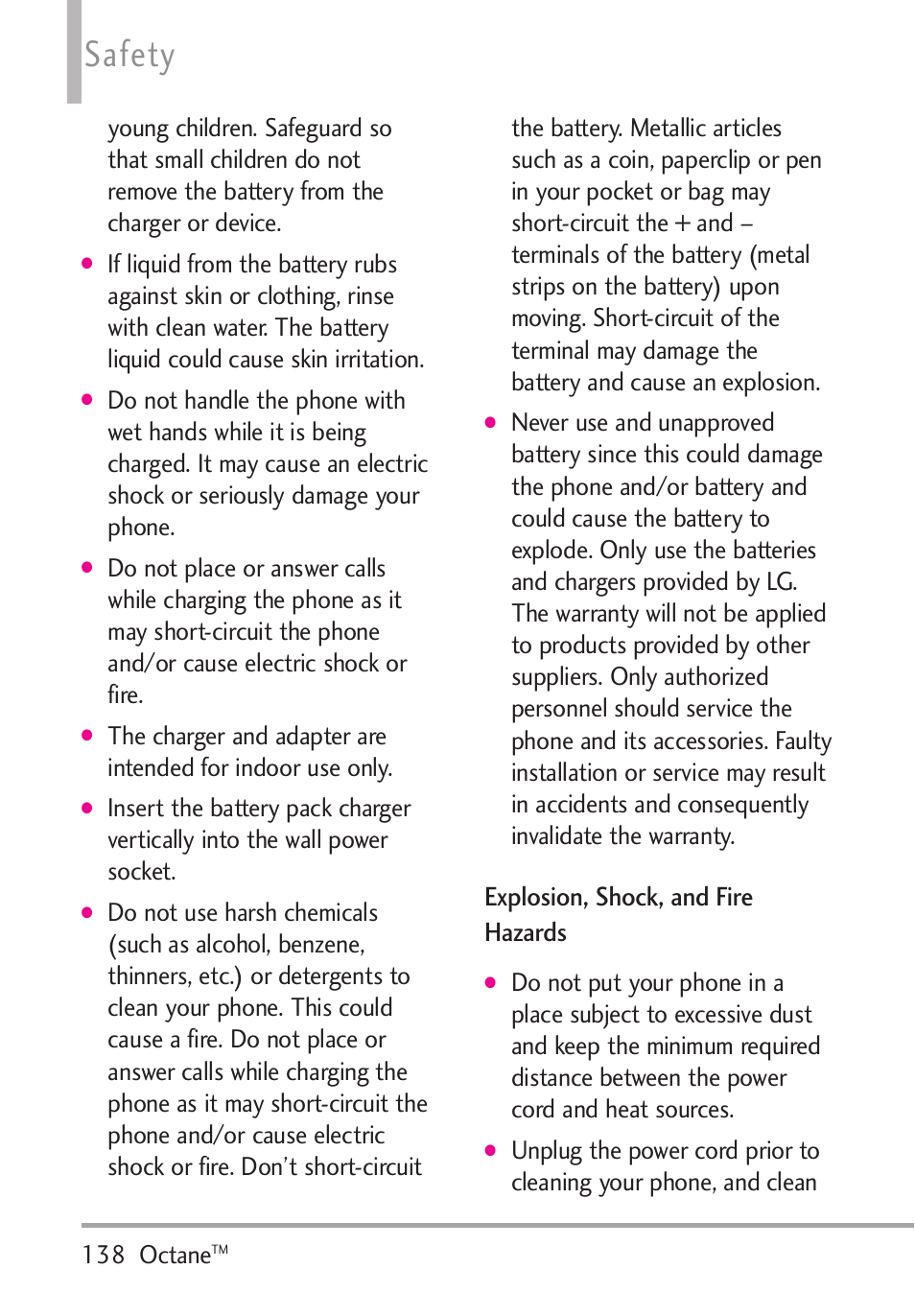 Explosion, shock, and fire, Explosion, shock, and fire hazards, Safety | 138 octane | LG Octane VN530 User Manual | Page 140 / 166