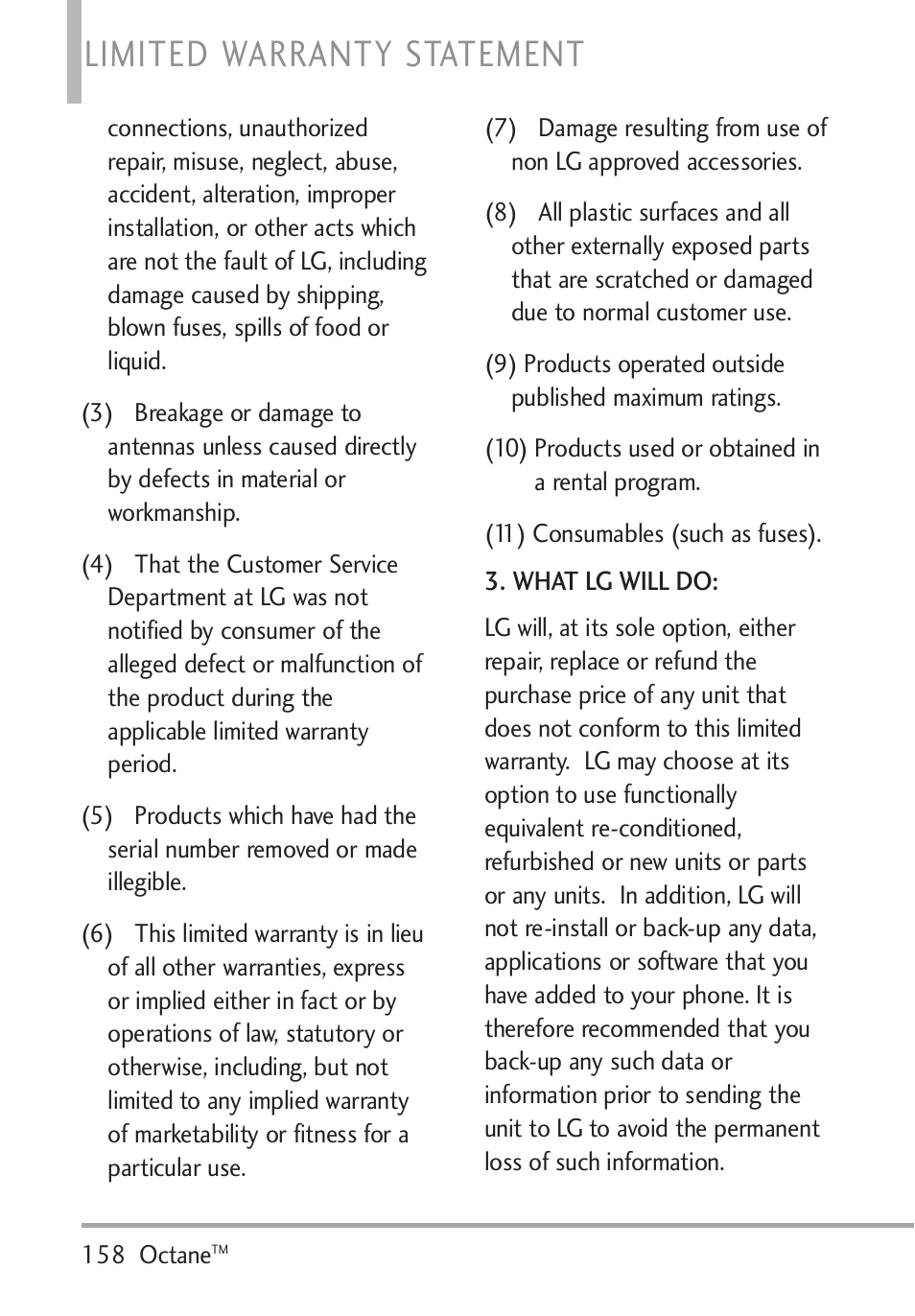 Limited warranty statement | LG Octane VN530 User Manual | Page 160 / 166