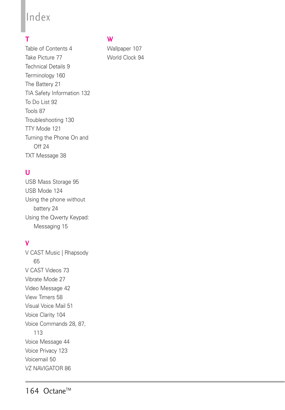 Index, 164 octane | LG Octane VN530 User Manual | Page 166 / 166