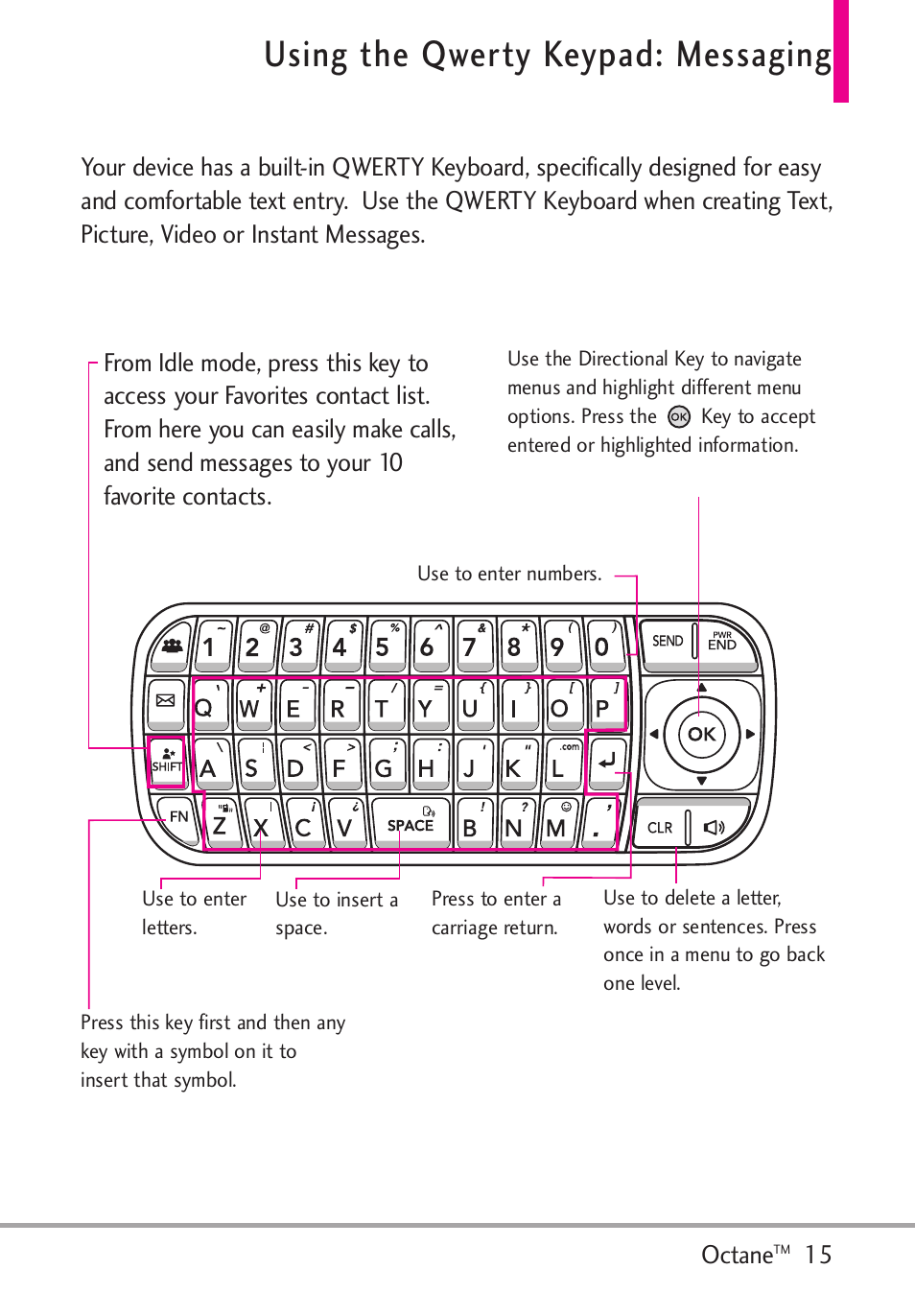 Using the qwerty keypad: mes, Using the qwerty keypad: messaging | LG Octane VN530 User Manual | Page 17 / 166