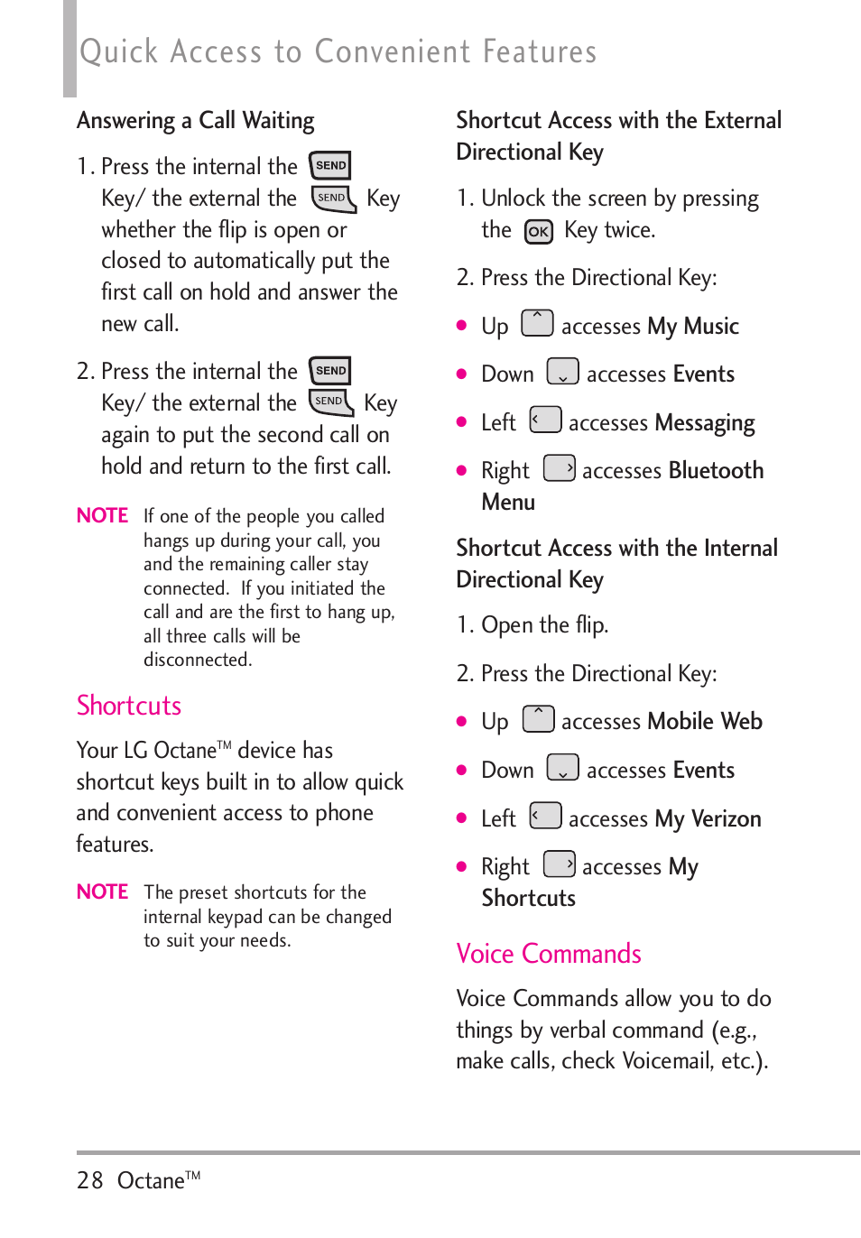 Shortcuts, Voice commands, Quick access to convenient features | LG Octane VN530 User Manual | Page 30 / 166
