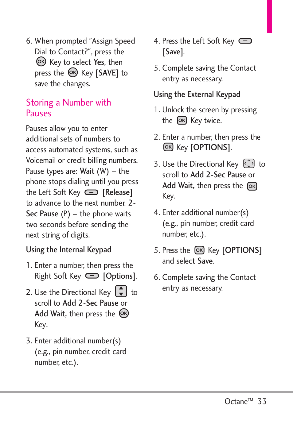 Storing a number with pauses | LG Octane VN530 User Manual | Page 35 / 166