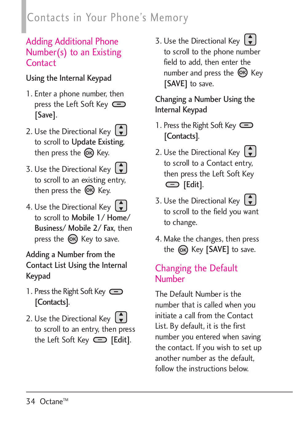 Adding additional phone num, Changing the default number | LG Octane VN530 User Manual | Page 36 / 166