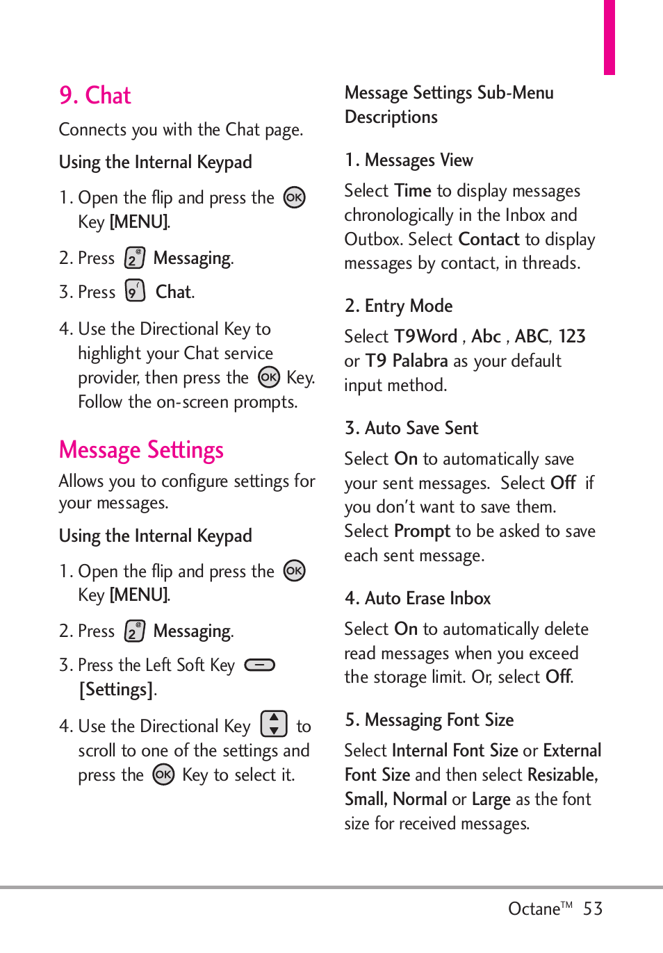 Chat, Message settings, Messages view | Entry mode, Auto save sent, Auto erase inbox, Messaging font size, Chat message settings | LG Octane VN530 User Manual | Page 55 / 166