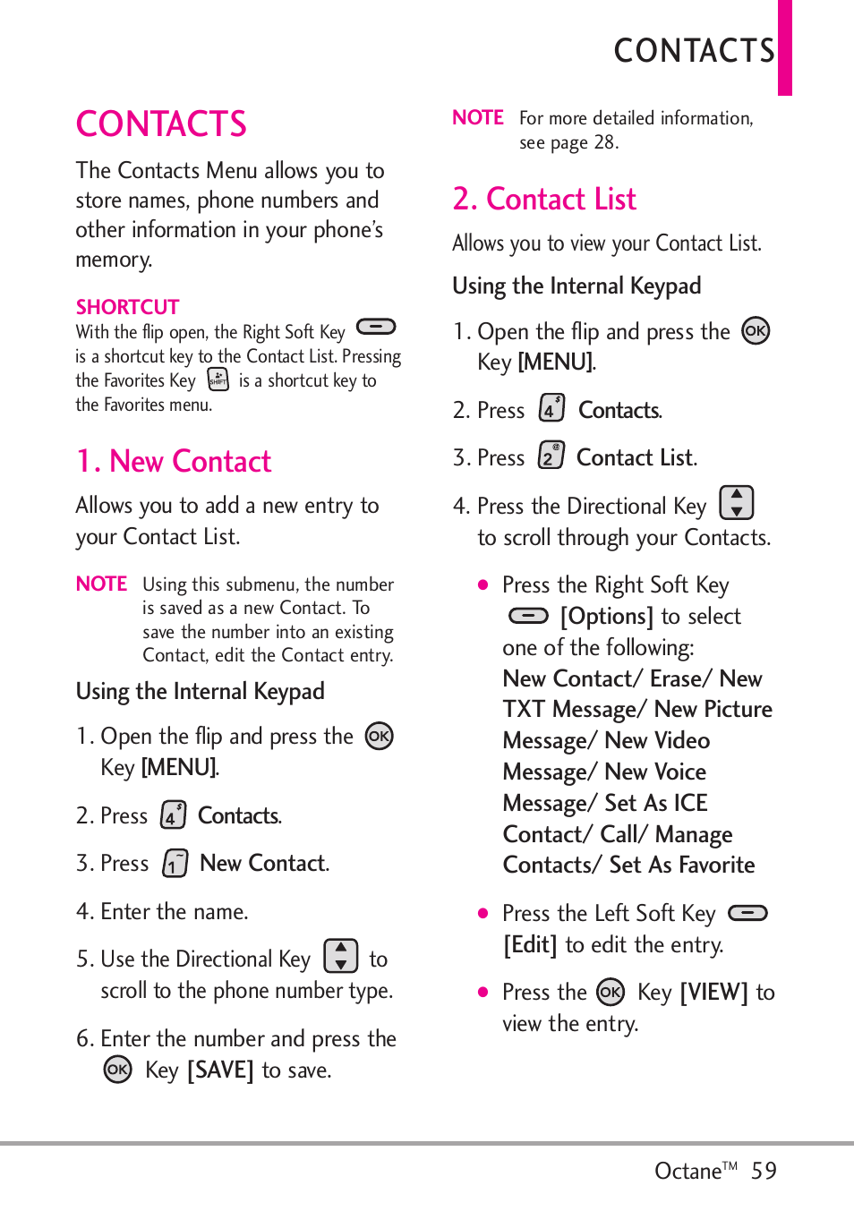 Contacts, New contact, Contact list | New contact 2. contact list | LG Octane VN530 User Manual | Page 61 / 166