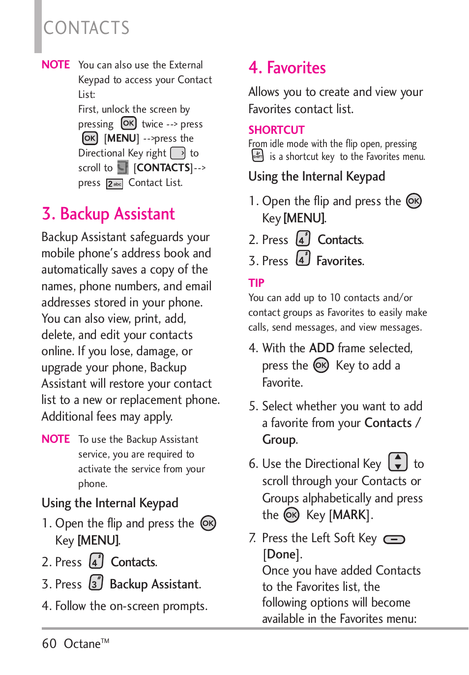 Backup assistant, Favorites, Backup assistant 4. favorites | Contacts | LG Octane VN530 User Manual | Page 62 / 166