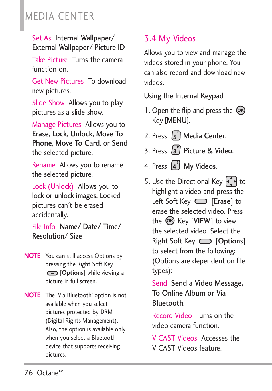 4 my videos, Media center | LG Octane VN530 User Manual | Page 78 / 166