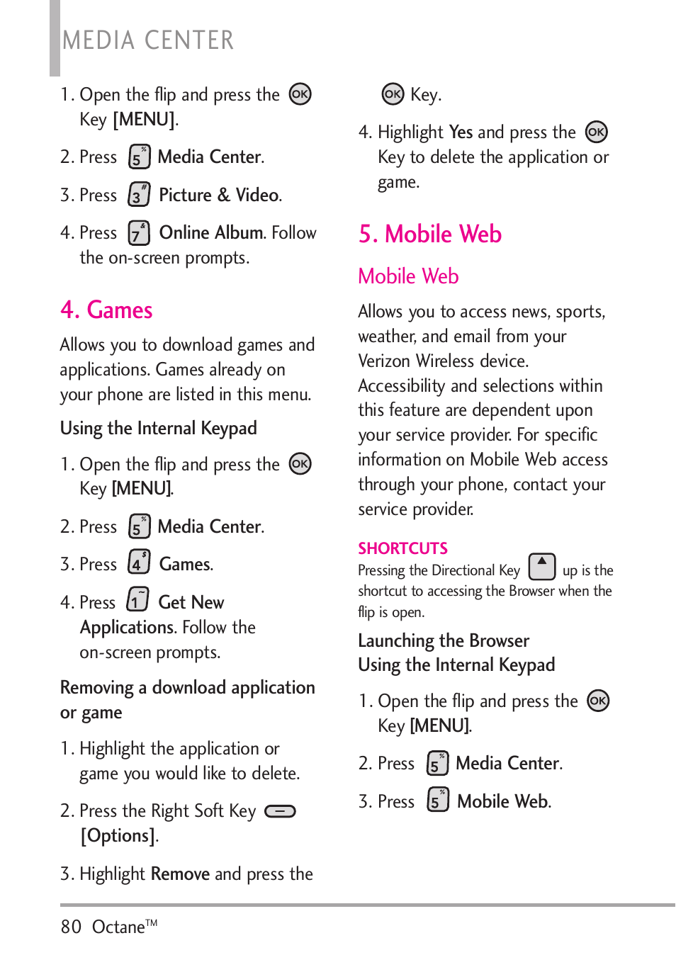 Games, Mobile web, Games 5. mobile web | Media center | LG Octane VN530 User Manual | Page 82 / 166