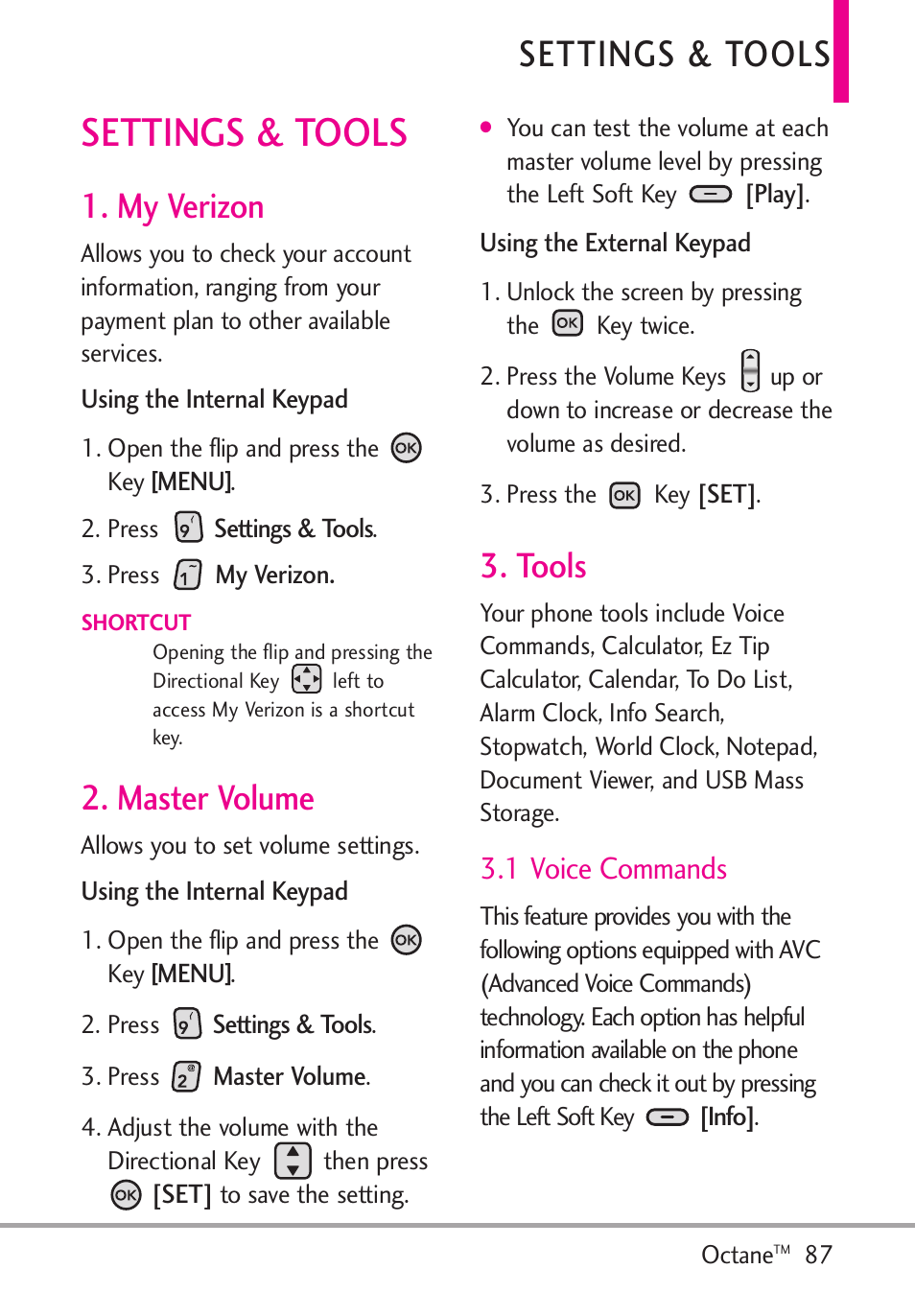 Settings & tools, My verizon, Master volume | Tools, 1 voice commands, My verizon 2. master volume 3. tools | LG Octane VN530 User Manual | Page 89 / 166
