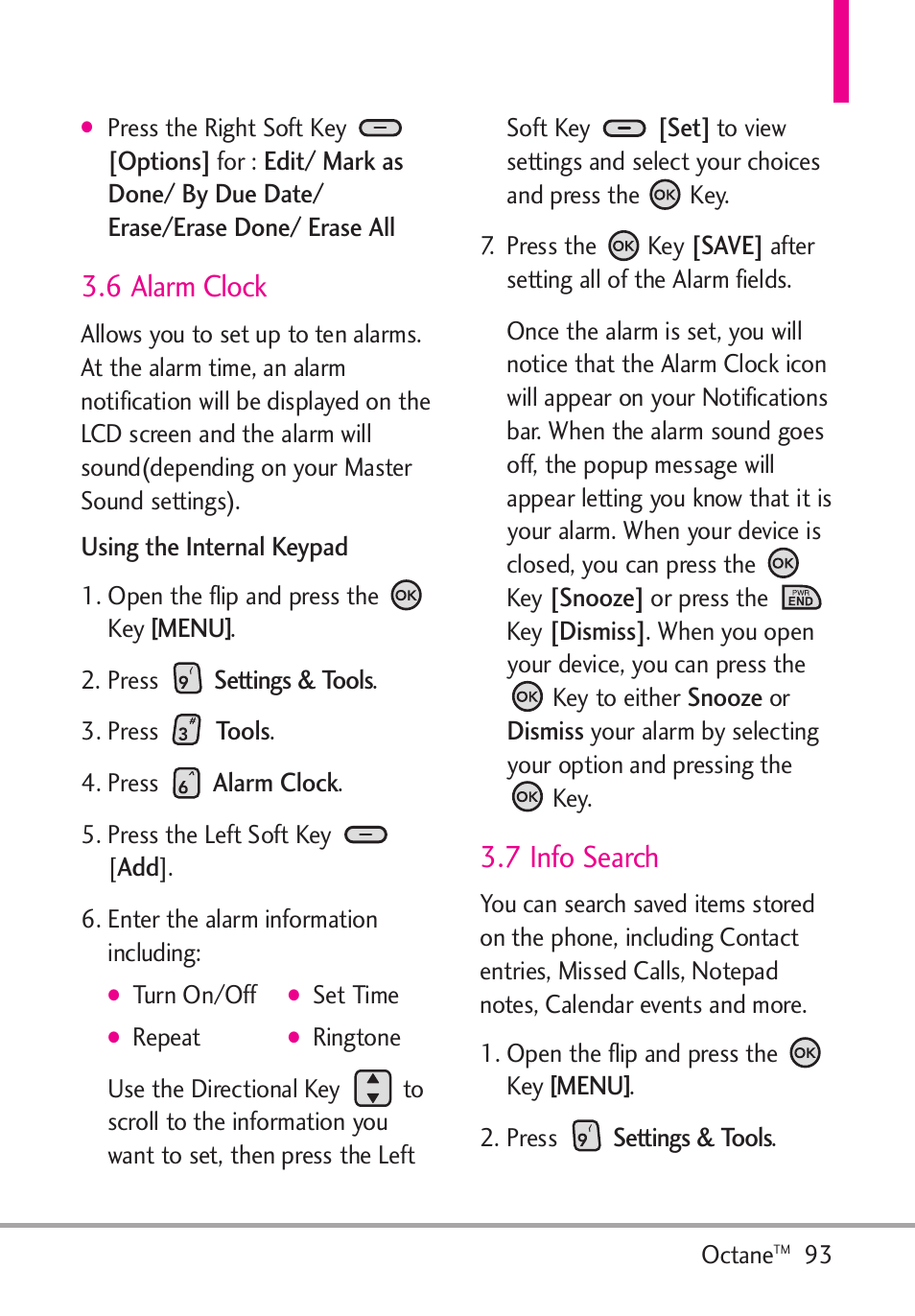 6 alarm clock, 7 info search | LG Octane VN530 User Manual | Page 95 / 166