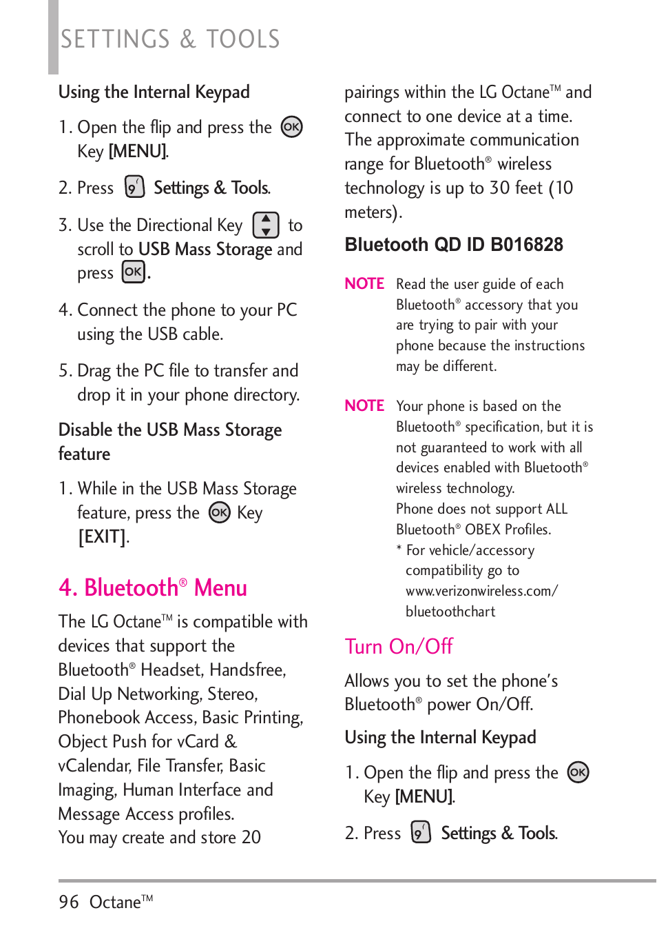 Bluetooth® menu, Bluetooth, Menu | Settings & tools, Turn on/off | LG Octane VN530 User Manual | Page 98 / 166
