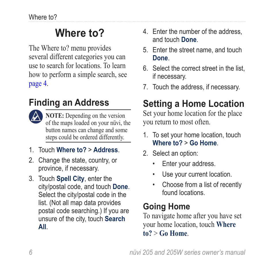 Where to, Finding an address, Setting a home location | Going home | Garmin Nuvi 265W User Manual | Page 12 / 64