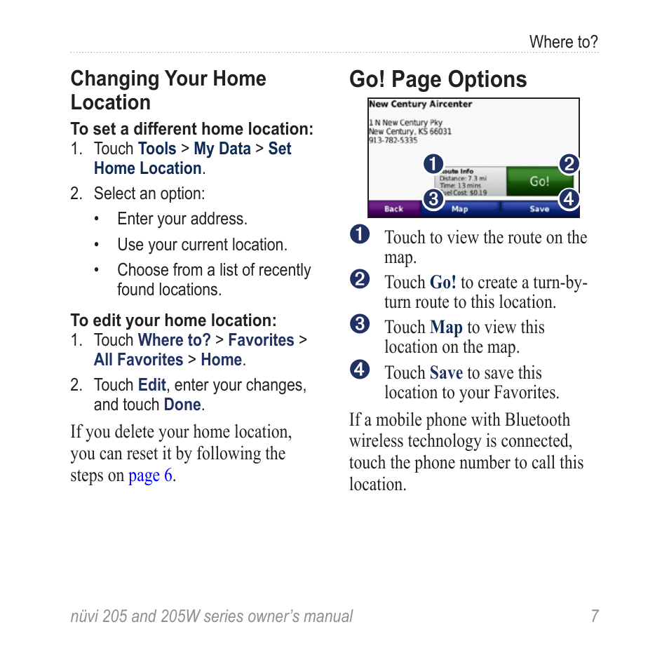 Go! page options | Garmin Nuvi 265W User Manual | Page 13 / 64