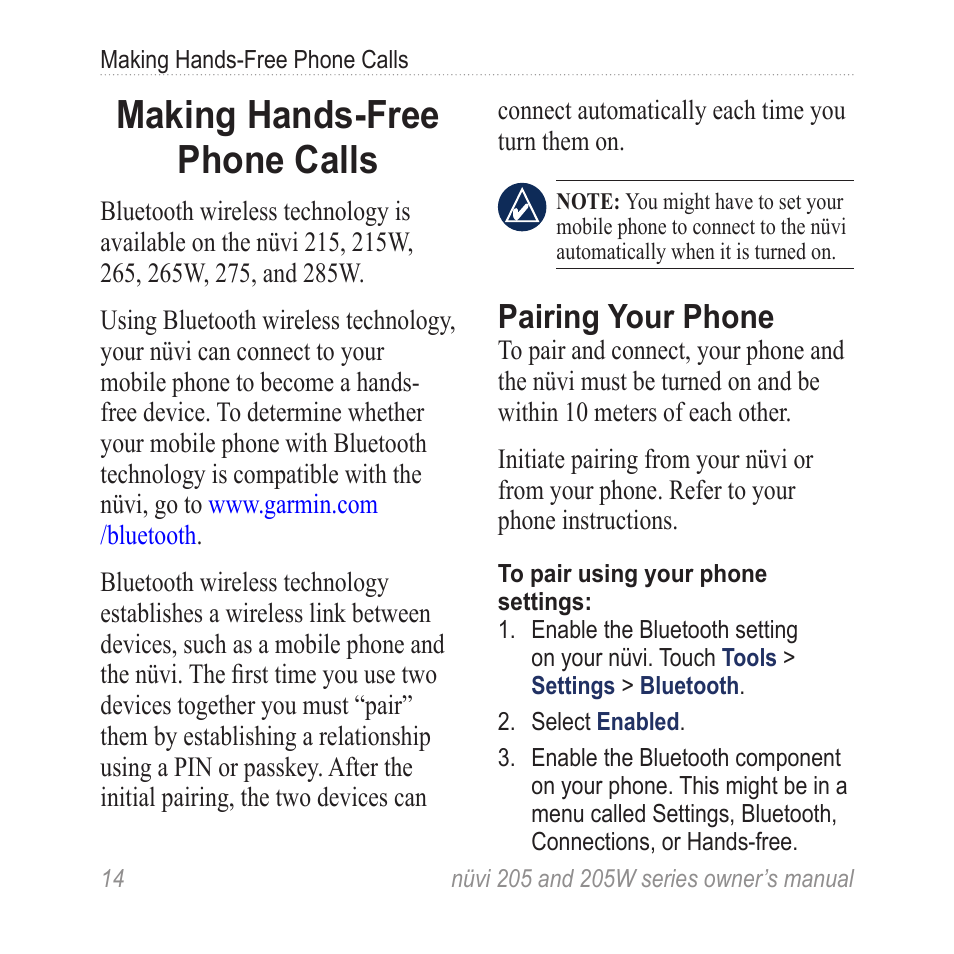 Making hands-free phone calls, Pairing your phone, Making hands-free phone | Calls | Garmin Nuvi 265W User Manual | Page 20 / 64