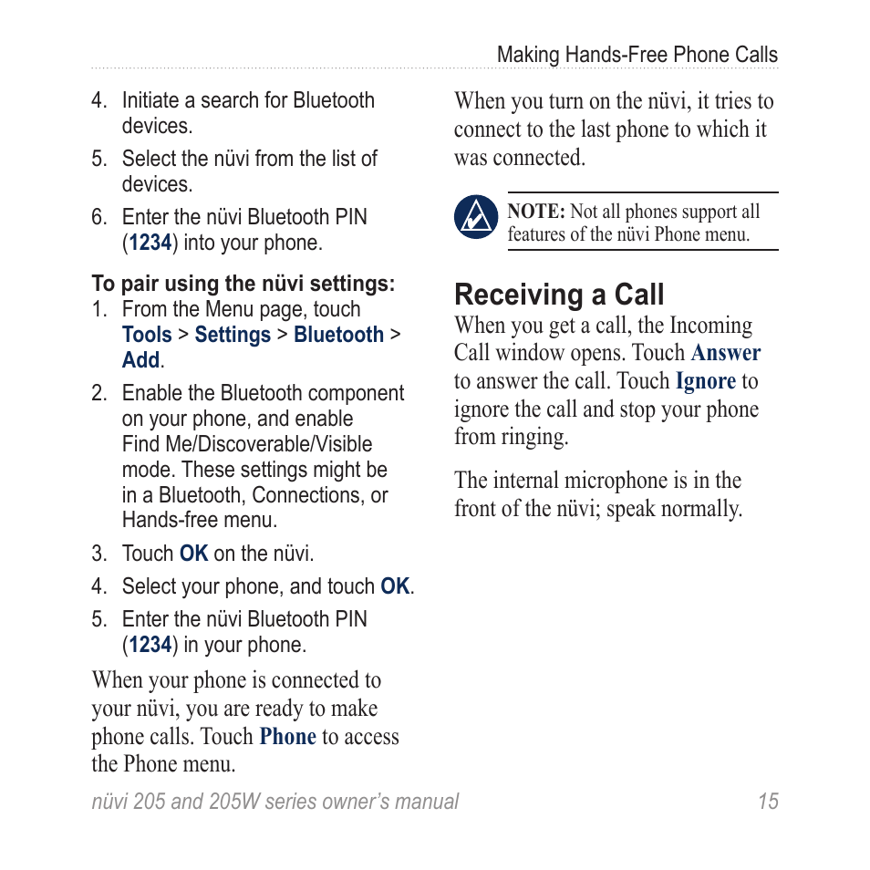 Receiving a call | Garmin Nuvi 265W User Manual | Page 21 / 64