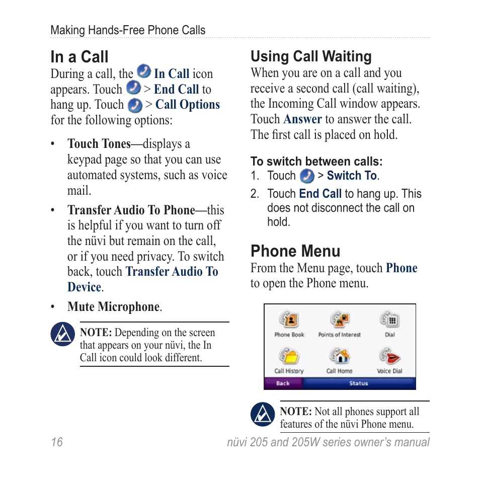 In a call, Phone menu, Using call waiting | Garmin Nuvi 265W User Manual | Page 22 / 64