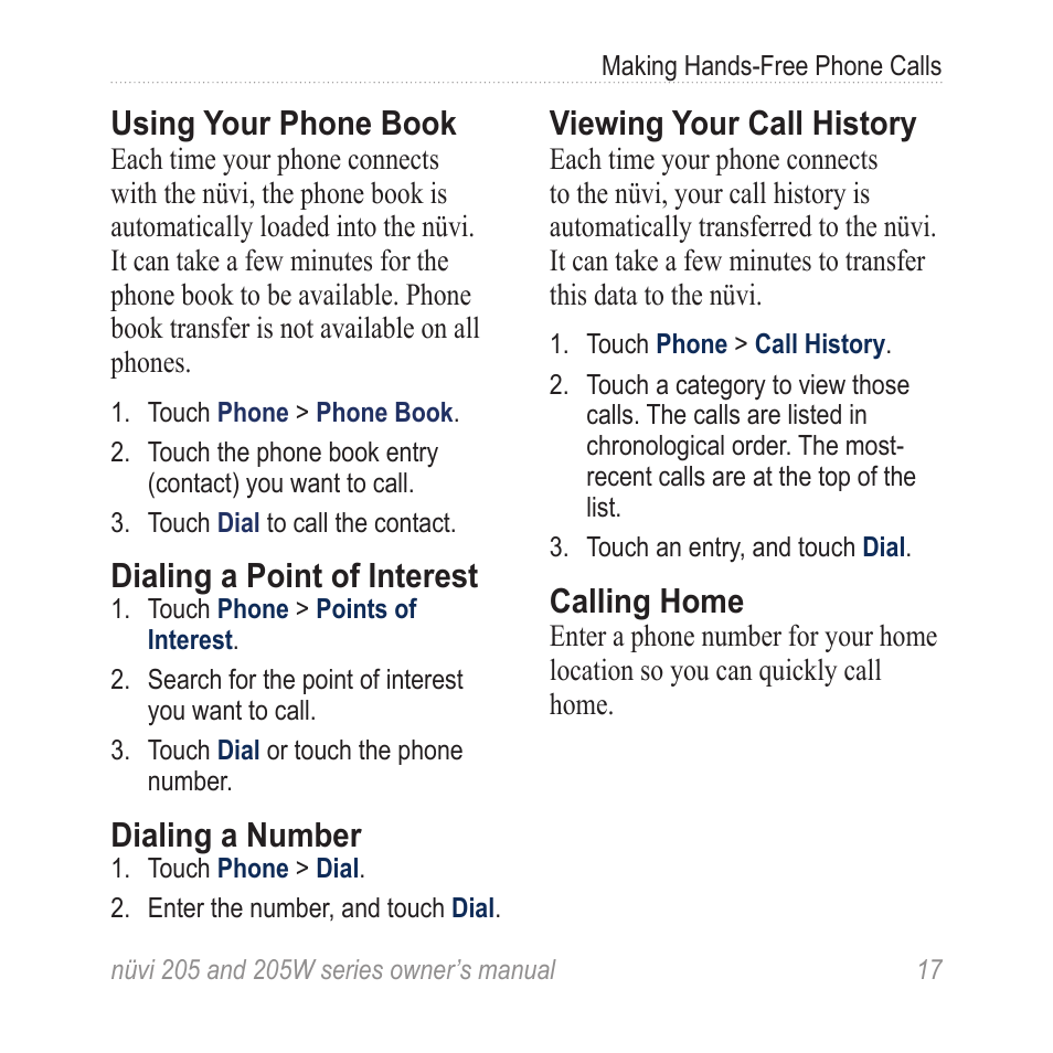 Using your phone book, Dialing a point of interest, Dialing a number | Viewing your call history, Calling home | Garmin Nuvi 265W User Manual | Page 23 / 64