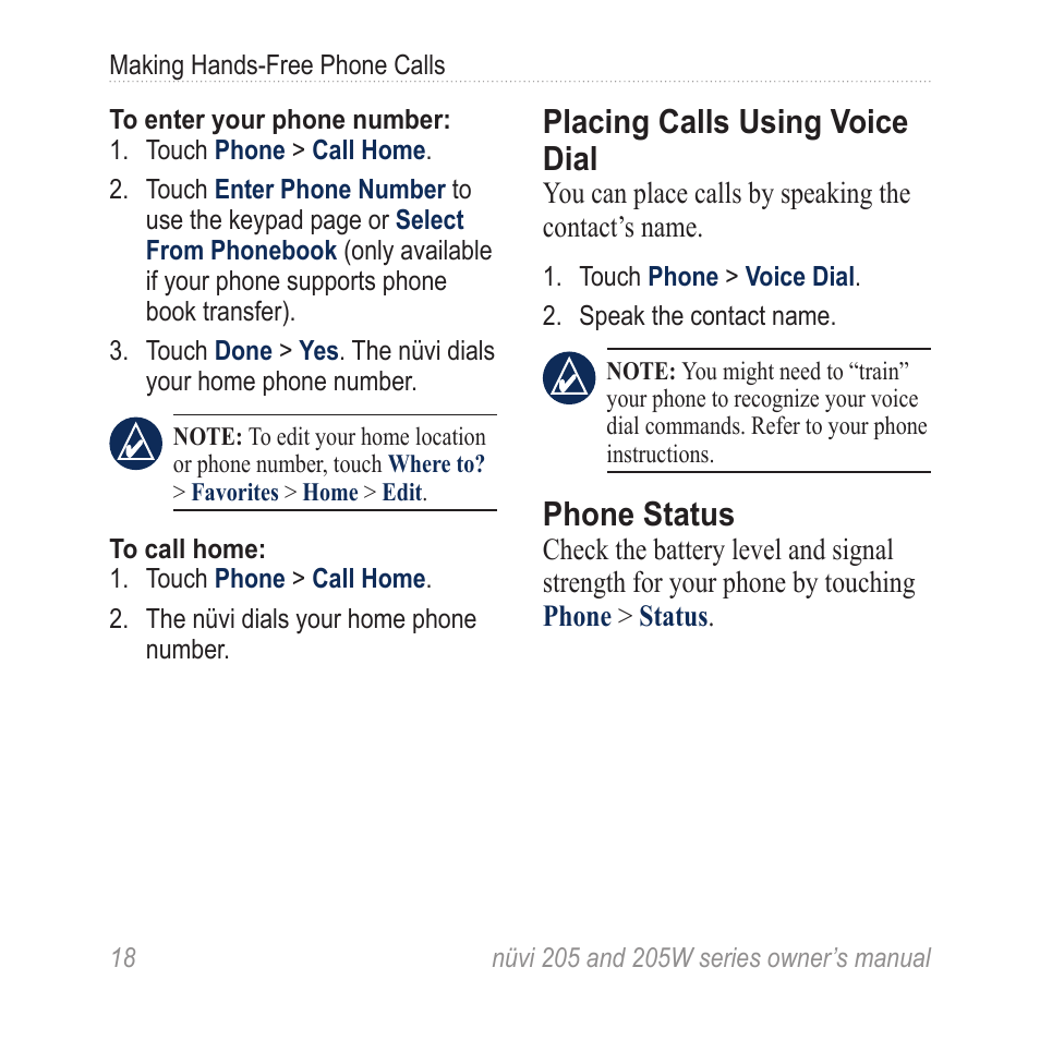 Placing calls using voice dial, Phone status | Garmin Nuvi 265W User Manual | Page 24 / 64
