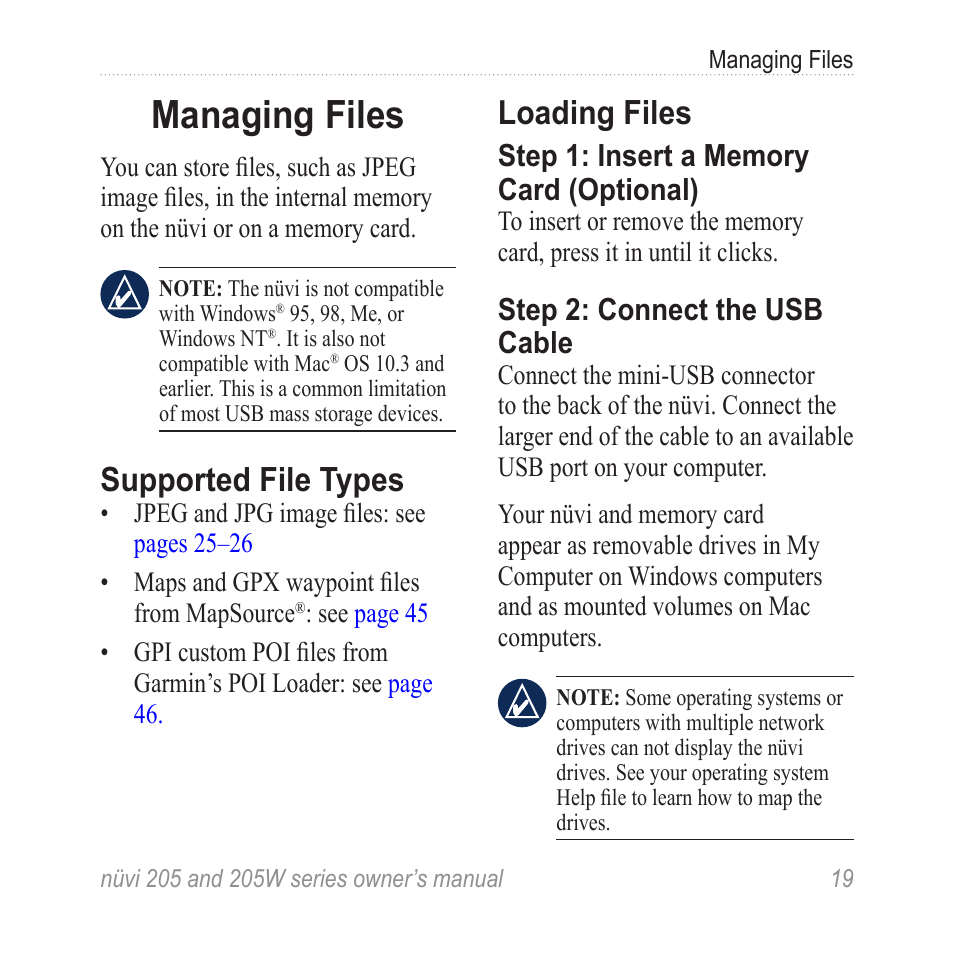 Managing files, Supported file types, Loading files | Step 2: connect the usb cable | Garmin Nuvi 265W User Manual | Page 25 / 64