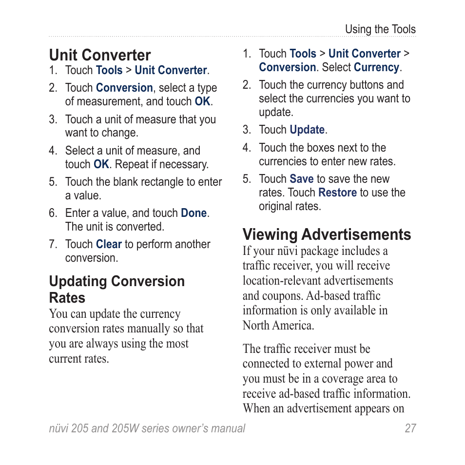 Unit converter, Viewing advertisements, Updating conversion rates | Garmin Nuvi 265W User Manual | Page 33 / 64