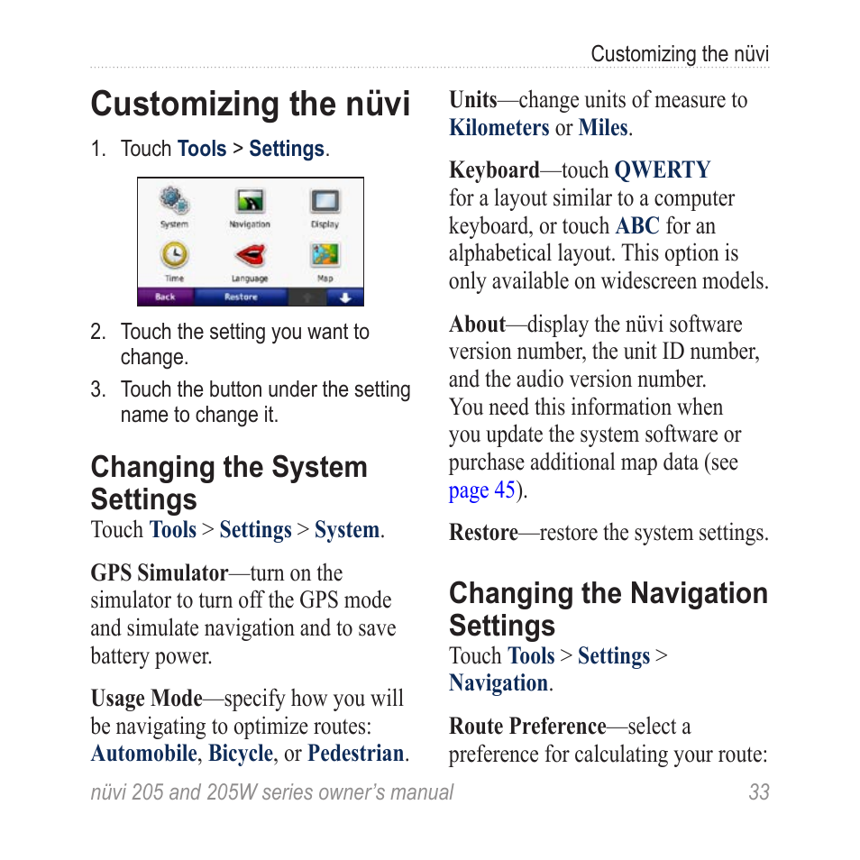 Customizing the nüvi, Changing the system settings, Changing the navigation settings | Changing the system, Settings, Changing the navigation | Garmin Nuvi 265W User Manual | Page 39 / 64