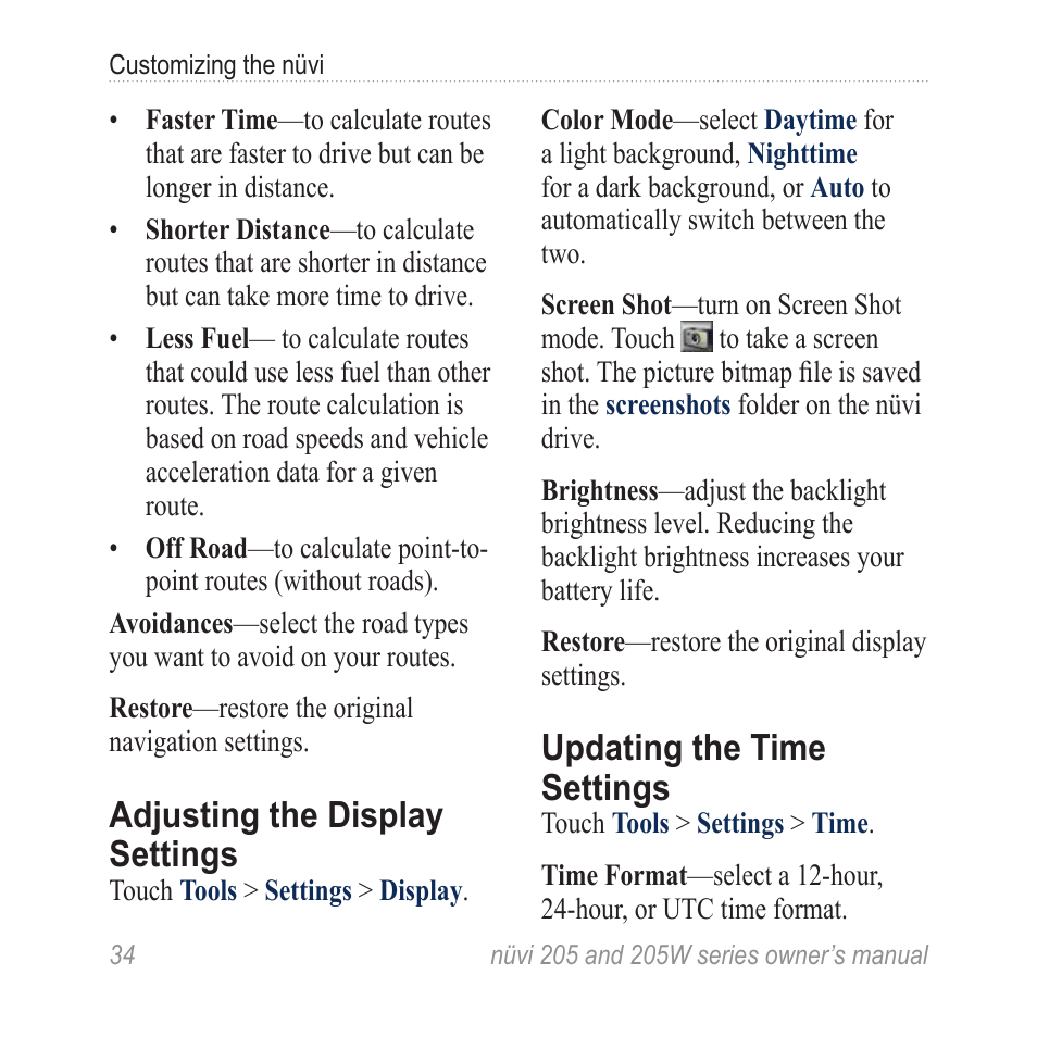 Adjusting the display settings, Updating the time settings, Adjusting the display | Settings, Updating the time | Garmin Nuvi 265W User Manual | Page 40 / 64