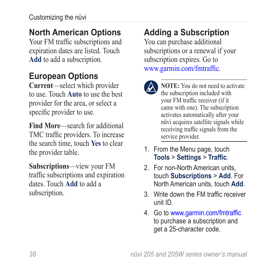 North american options, European options, Adding a subscription | Garmin Nuvi 265W User Manual | Page 44 / 64