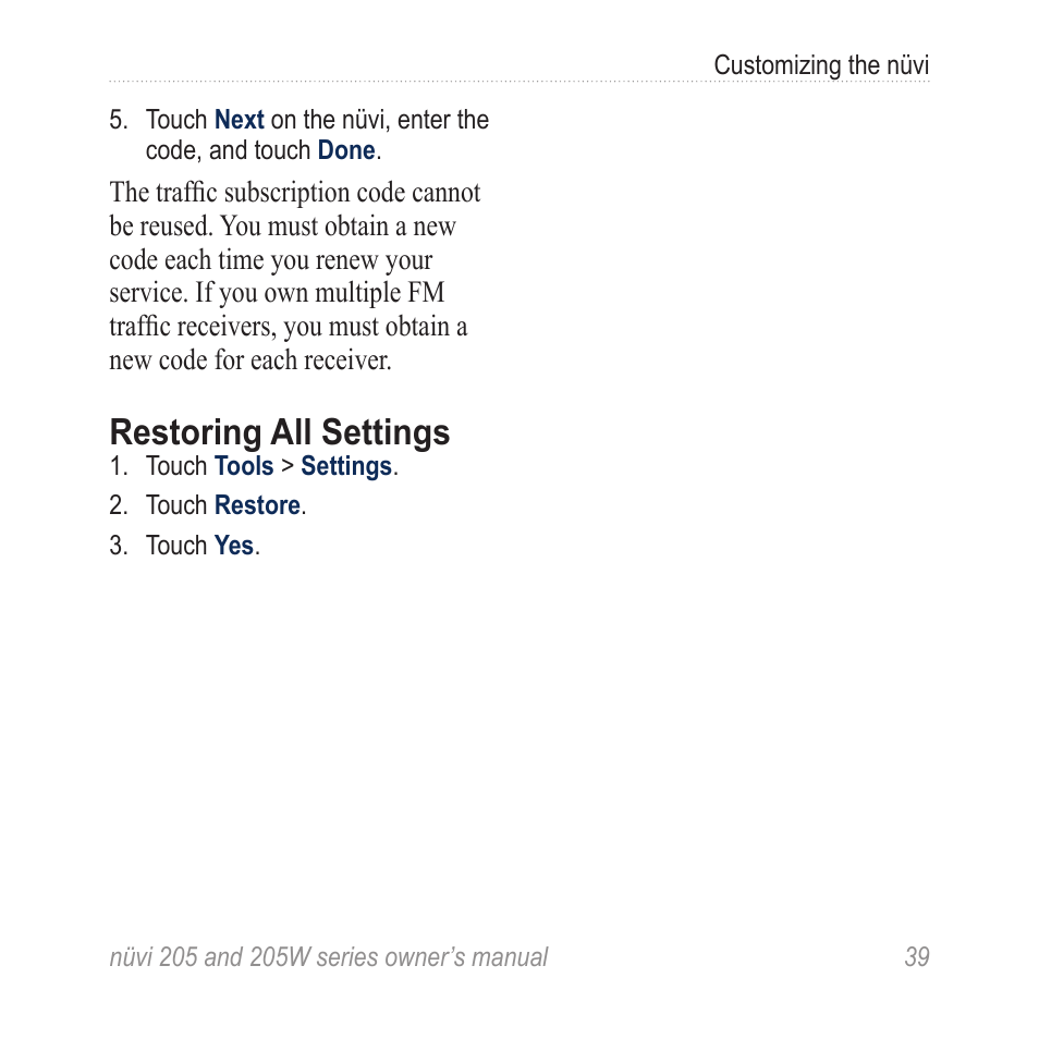 Restoring all settings | Garmin Nuvi 265W User Manual | Page 45 / 64
