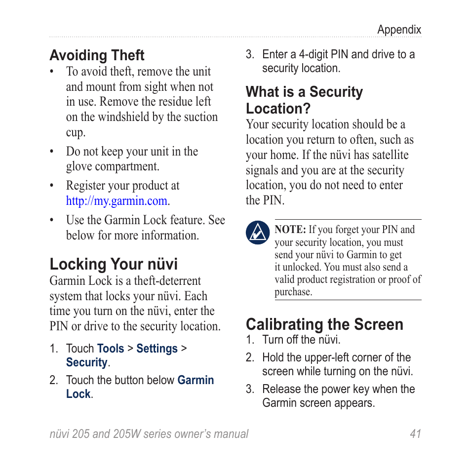 Locking your nüvi, Calibrating the screen, Avoiding theft | What is a security location | Garmin Nuvi 265W User Manual | Page 47 / 64