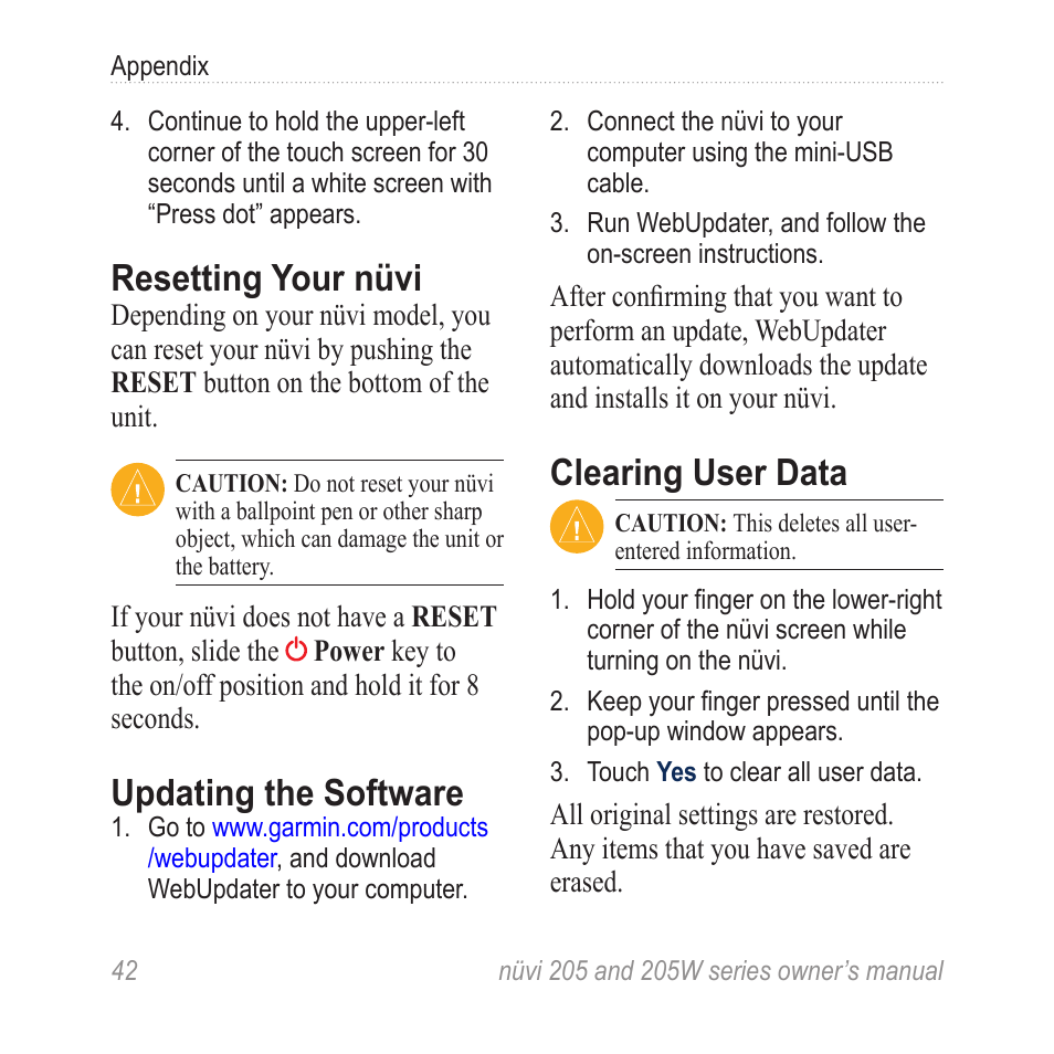 Resetting your nüvi, Updating the software, Clearing user data | Garmin Nuvi 265W User Manual | Page 48 / 64