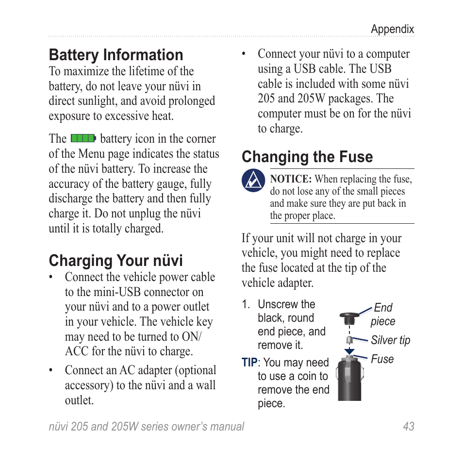 Battery information, Charging your nüvi, Changing the fuse | Garmin Nuvi 265W User Manual | Page 49 / 64