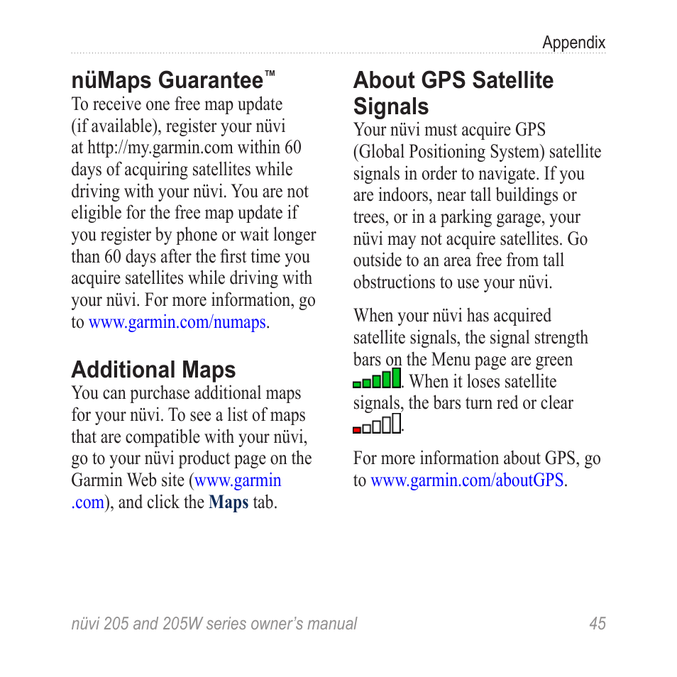 Nümaps guarantee, Additional maps, About gps satellite signals | About gps satellite, Signals | Garmin Nuvi 265W User Manual | Page 51 / 64