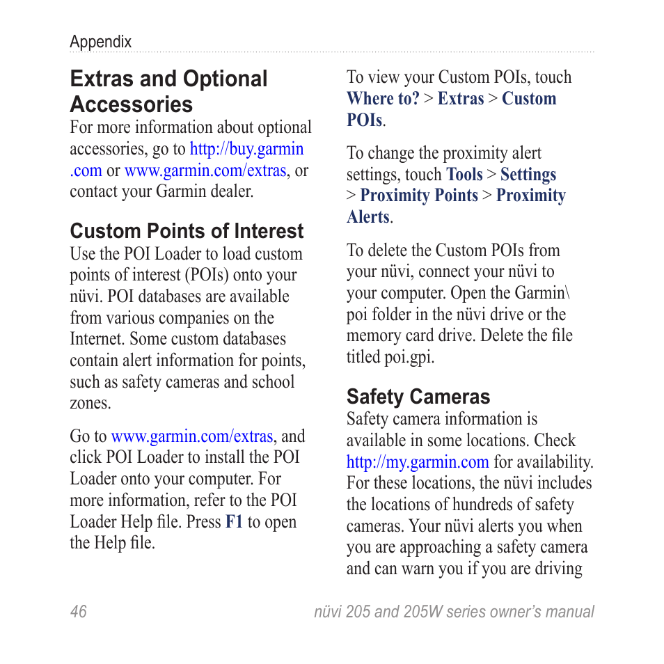 Extras and optional accessories, Safety camera information (see, Extras and optional | Accessories, Poi loader: see | Garmin Nuvi 265W User Manual | Page 52 / 64