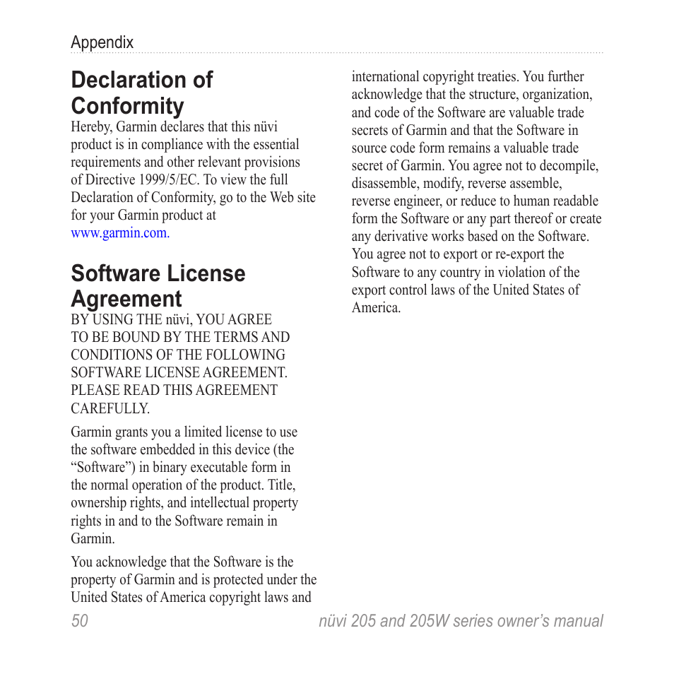 Declaration of conformity, Software license agreement, Software license | Agreement | Garmin Nuvi 265W User Manual | Page 56 / 64
