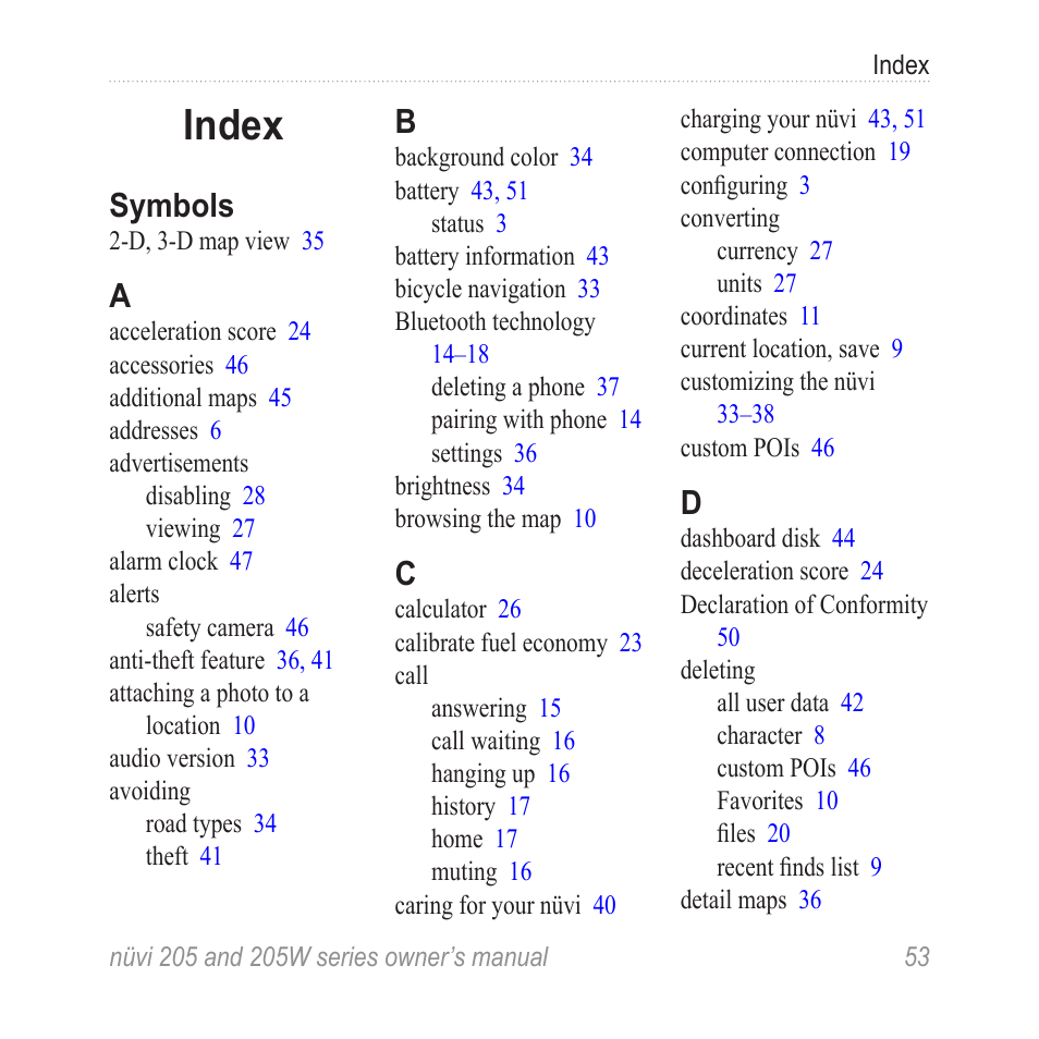 Index, Symbols | Garmin Nuvi 265W User Manual | Page 59 / 64